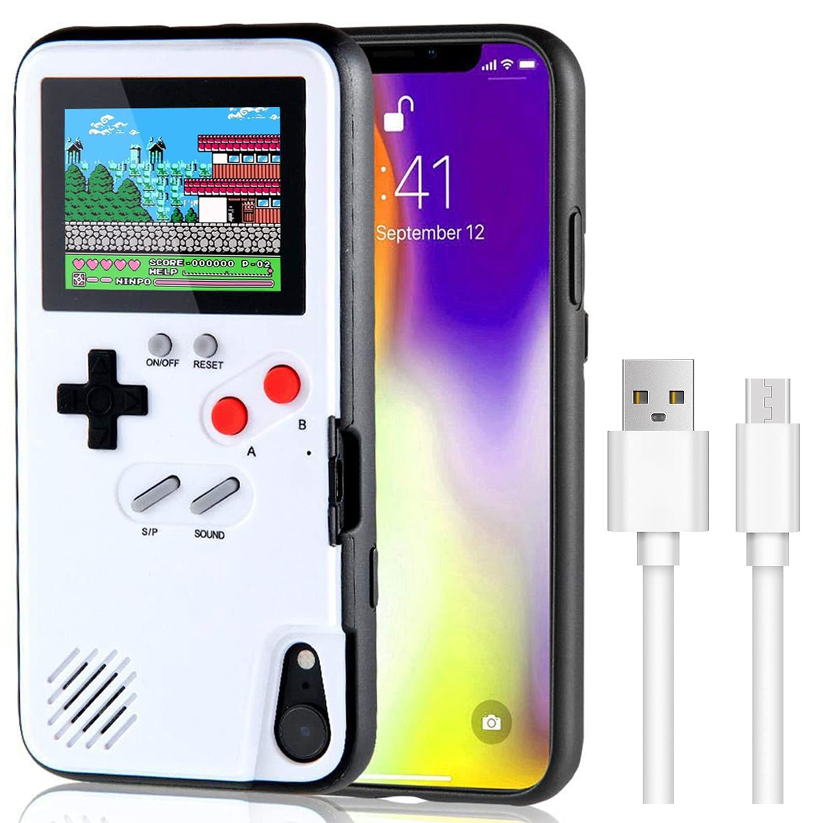 LIOWE Gameboy Case for iPhone, 3D Handheld Retro Game Console Phone Protective Case with 36 Small Game, Shockproof Video Game Case for iPhone XR, White