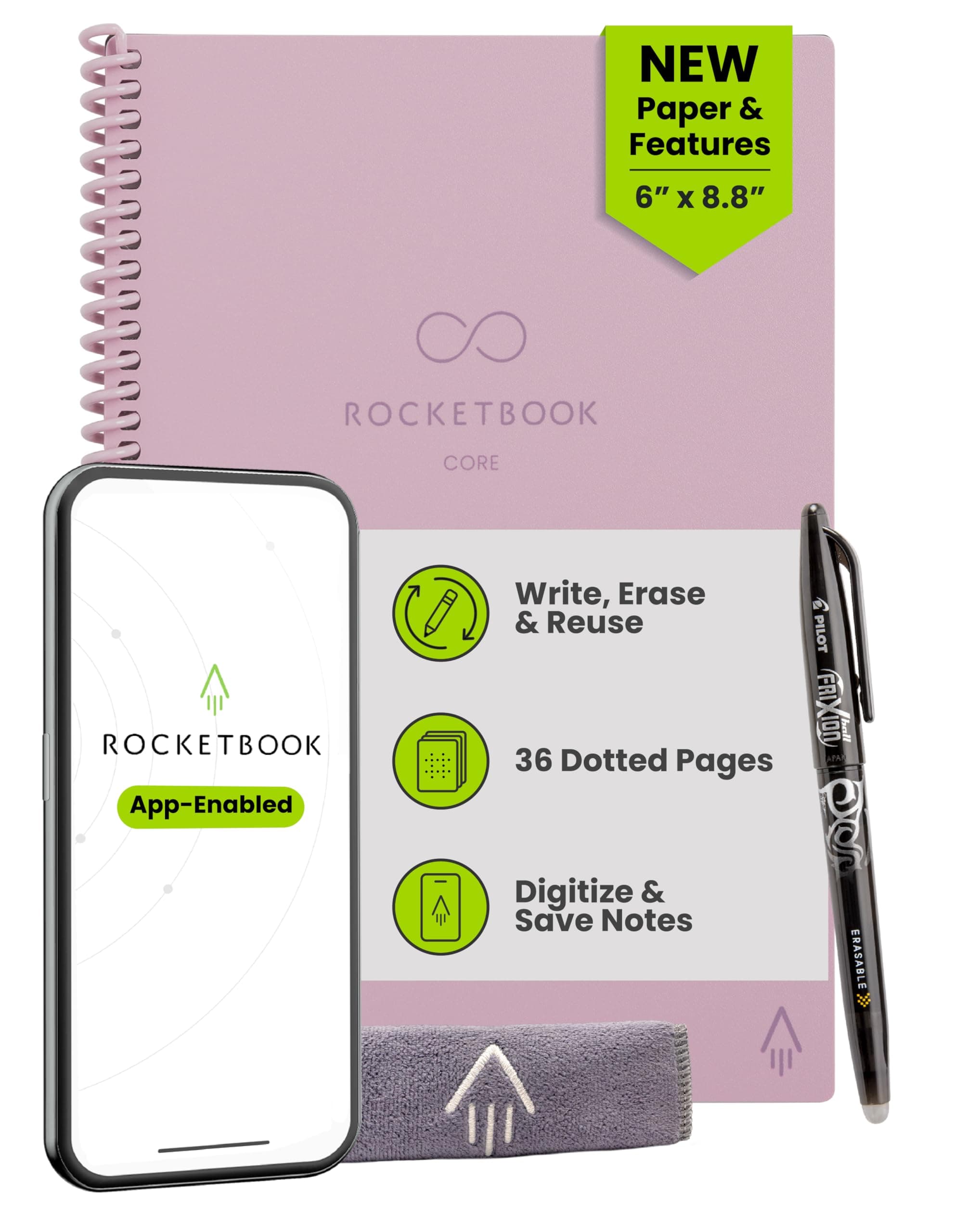 Rocketbook New Core Reusable Spiral Notebook, Letter Size 8.5x11, Pink - Dotted Pages, App-Connected, Erasable, Durable Cover, Ideal for School, Work, and Creative Projects