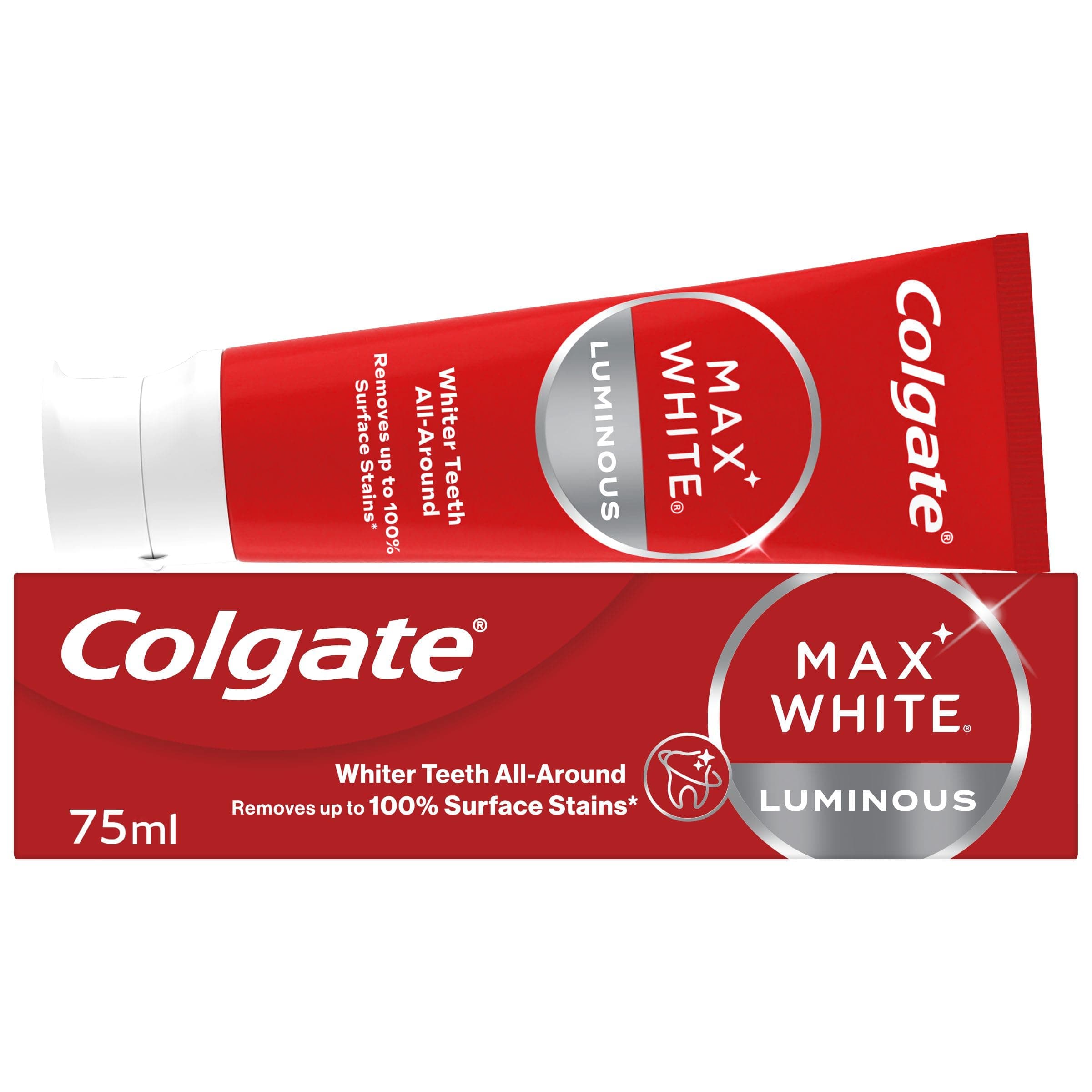 Colgate Max White Luminous Toothpaste 75ml - Teeth whitening Toothpaste - Clinically Proven Formula - Removes up to 100% of Surface Stains - SmartFoam System Cleans All Around Your Teeth