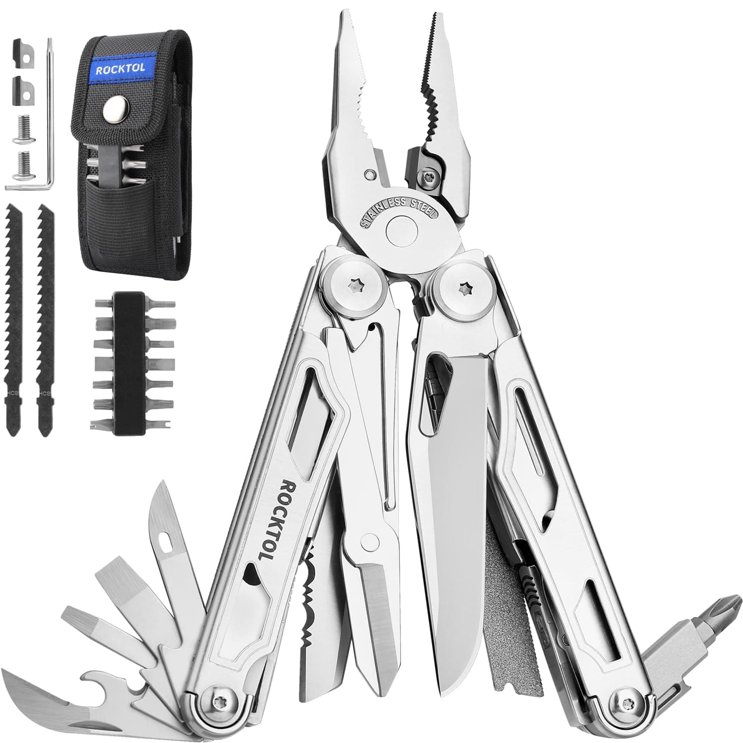 ROCKTOL Multi-tool, 29 in 1 Multi-Tool Pliers with Replaceable Wire Cutters and Saw, Stainless Steel Multi-Tool Set for Heavy Loads and Nylon Sheath