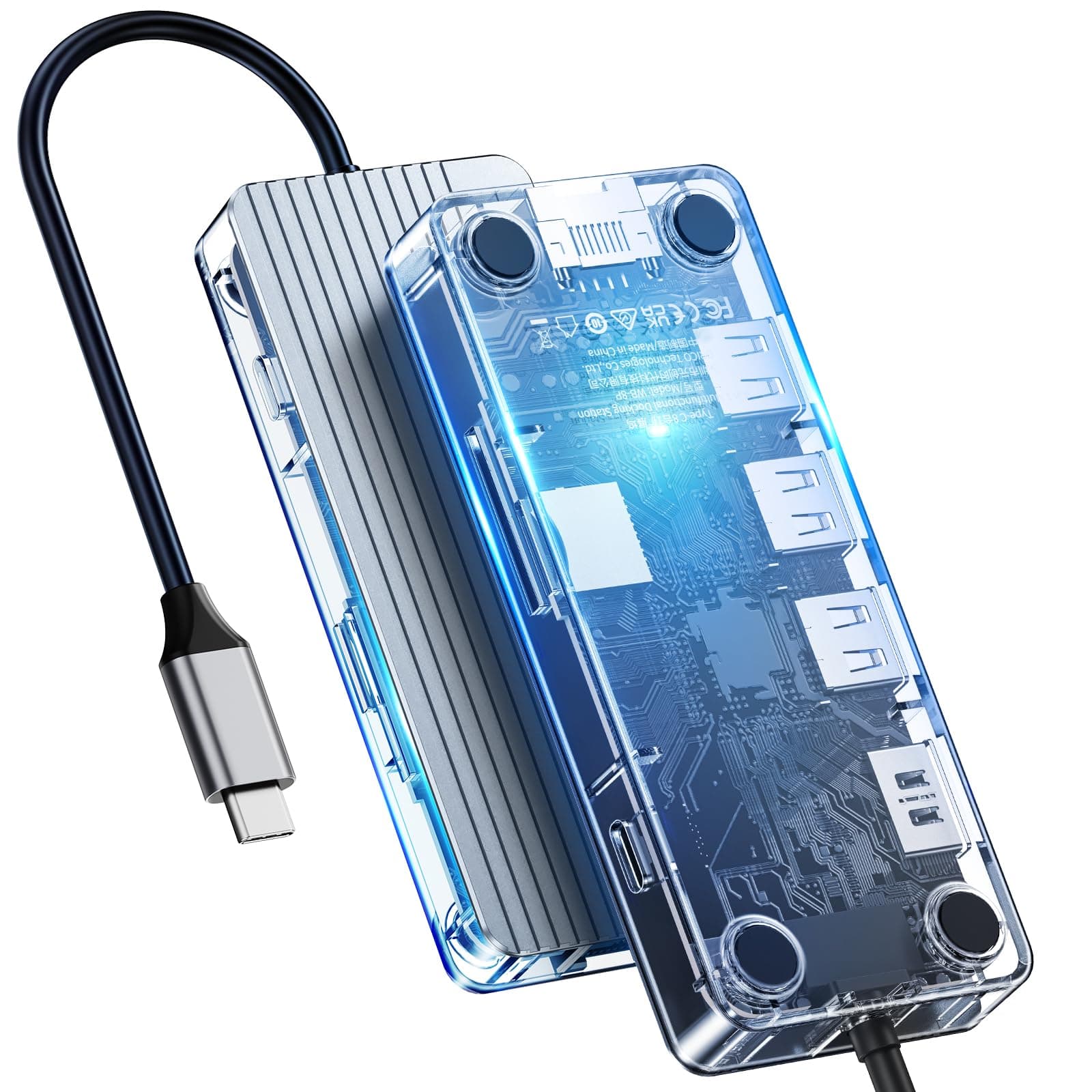 ORICO USB C Docking Station, 8 in 1 Type C Transparent Dock with 3*USB3.0 Type-A Port(5Gbps), 4KHDMI,RJ45(1000Mpbs),TF&SD, Type-C PD100W,Gray