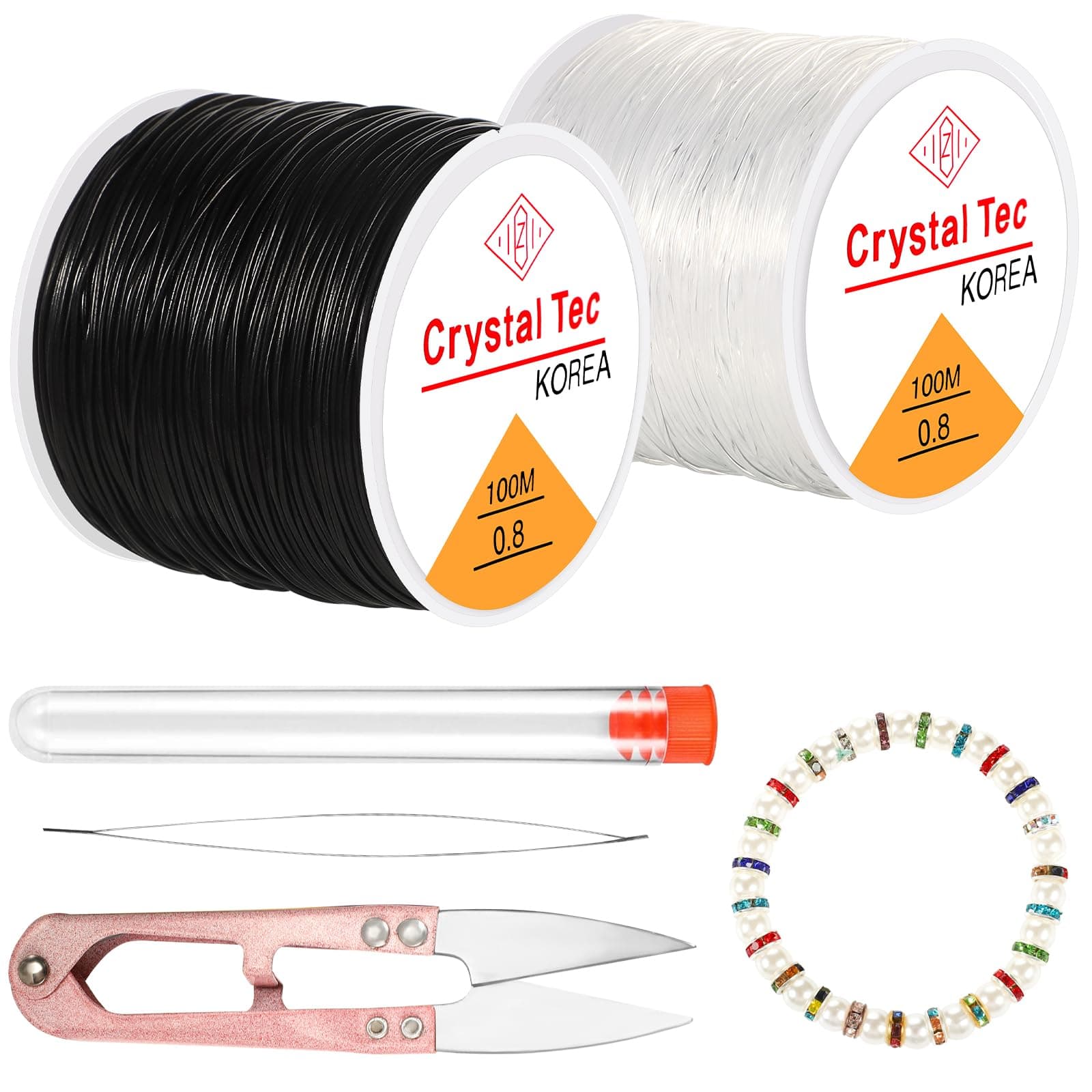 0.8mm Elastic Bead Cord, 2Rolls Black and Clear Elastic String Stretchy String with Beaded Needle and Scissors for Bracelets Making Hanging Decoration