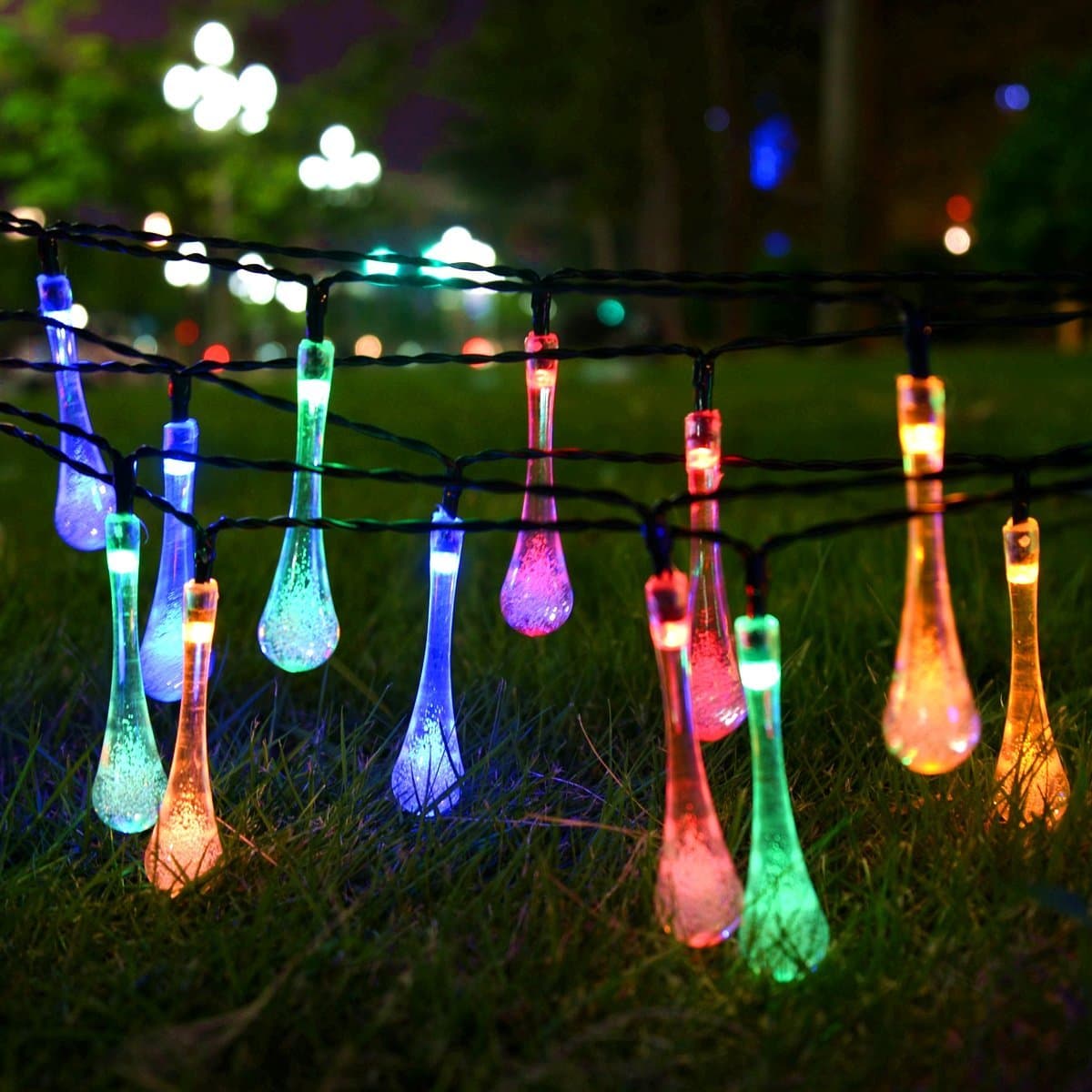 Fefelightup Solar String Lights 20ft 30 LED Water Drop Lights (Multi-Color) Waterproof Auto-Charge