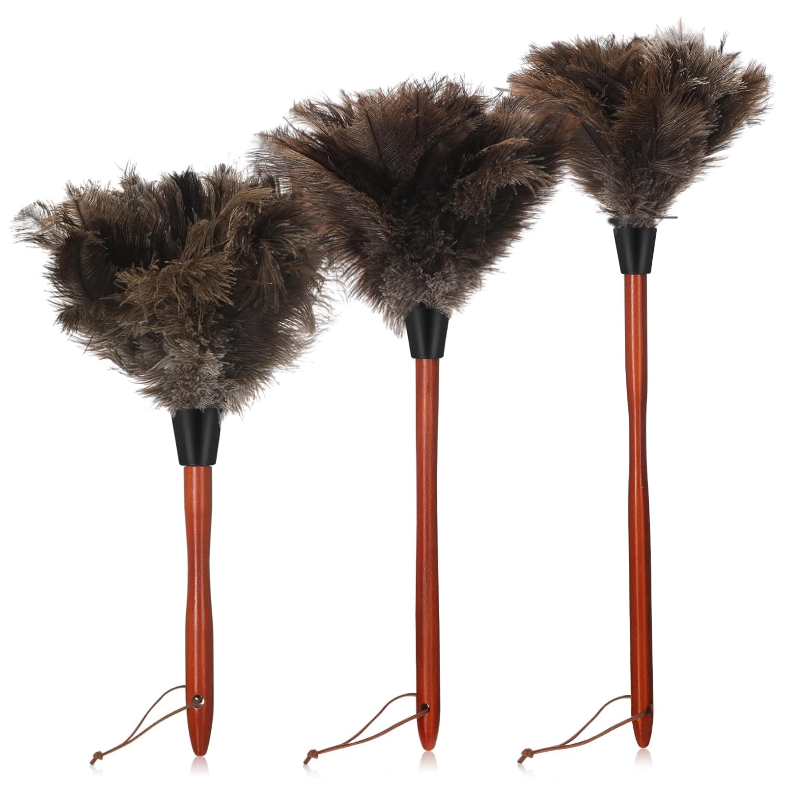 3 Pcs Feather Duster Long Handle for Cleaning Ostrich Feather Duster with Varnished Wooden Handle 23" 19" 15" Handheld Cleaning Supply Brown Fluffy Dust Remover Natural Reusable Hand Duster
