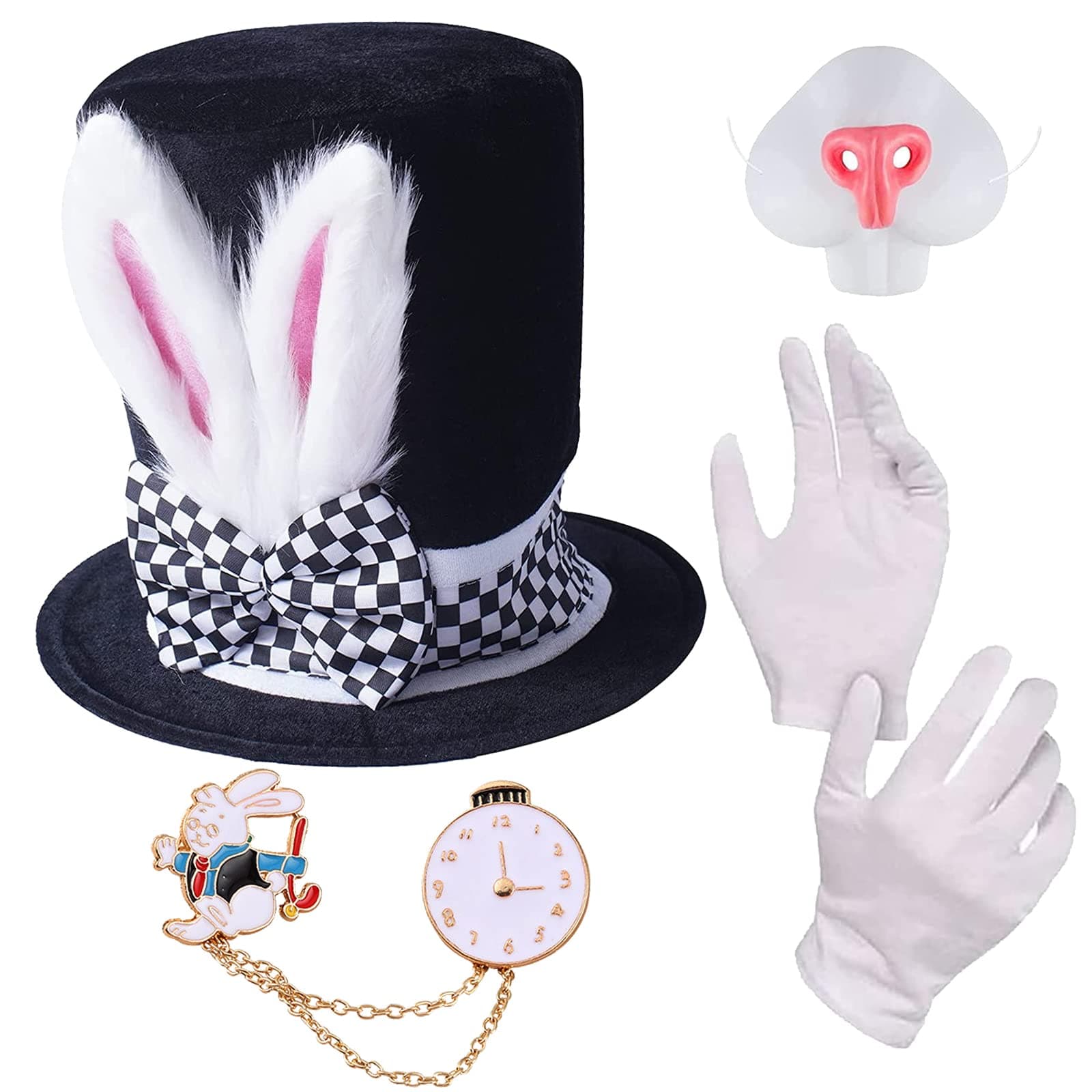 White Rabbit Costume Set Easter Bunny Ear Top Hat for adult, Mad Hatter Rabbit Topper Plush Hat Halloween Party