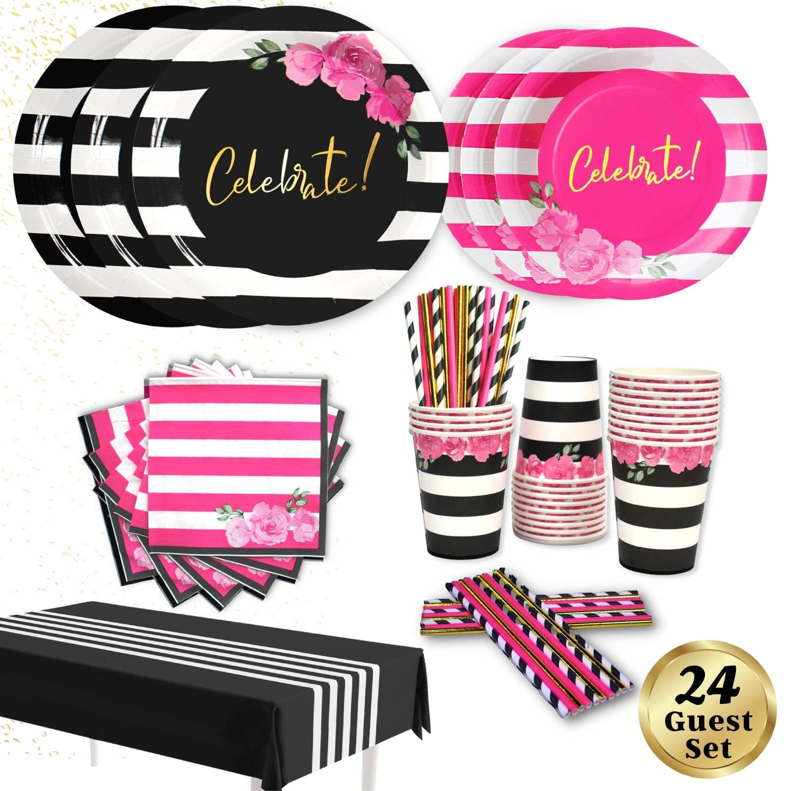 Hot Pink | Gold | Black | White Birthday Tableware, Serves 24