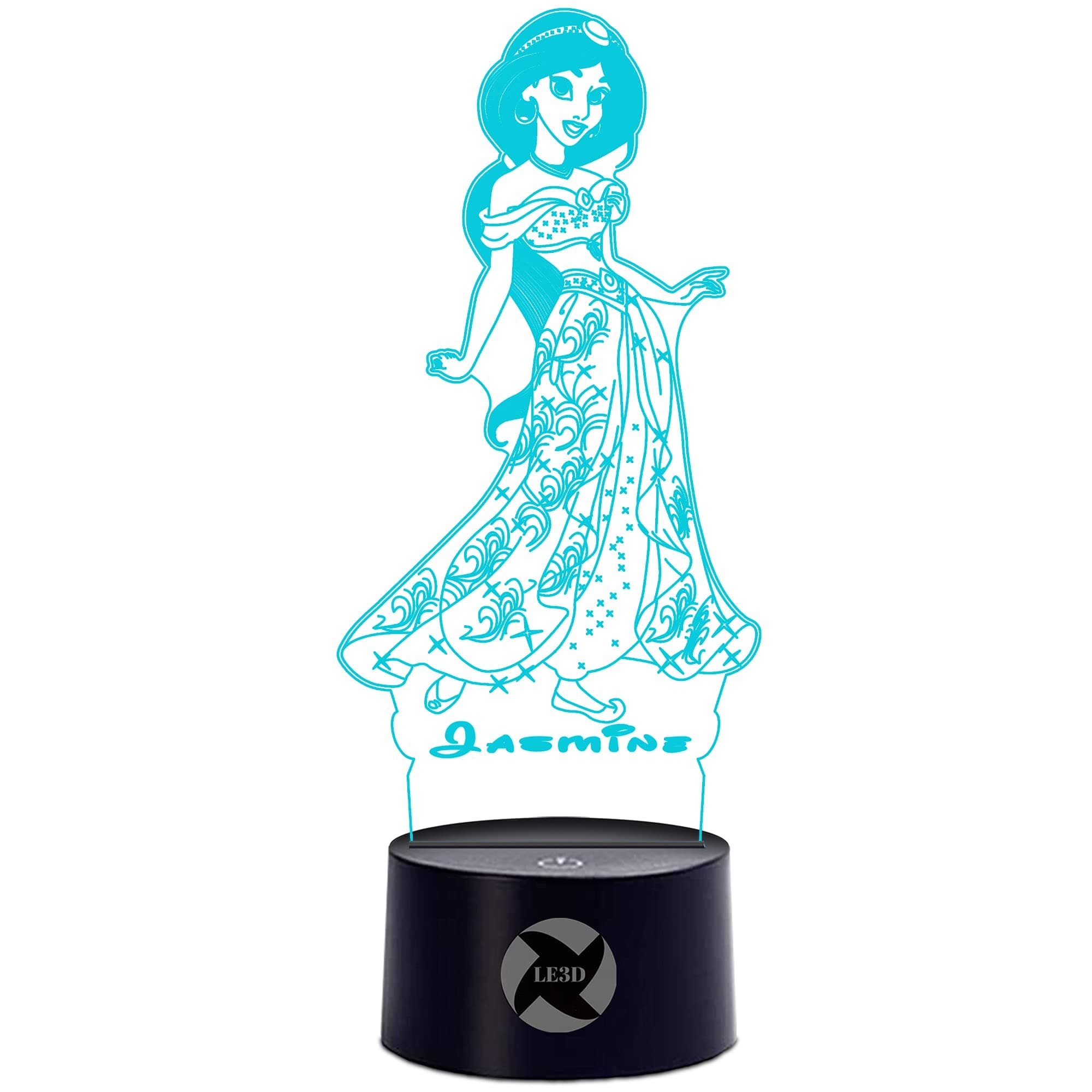 3D Optical Illusion Night Light - 7 LED Color Changing Lamp - Cool Soft Light Safe for Kids - Solution for Nightmares - Disney Princess Jasmine Aladdin
