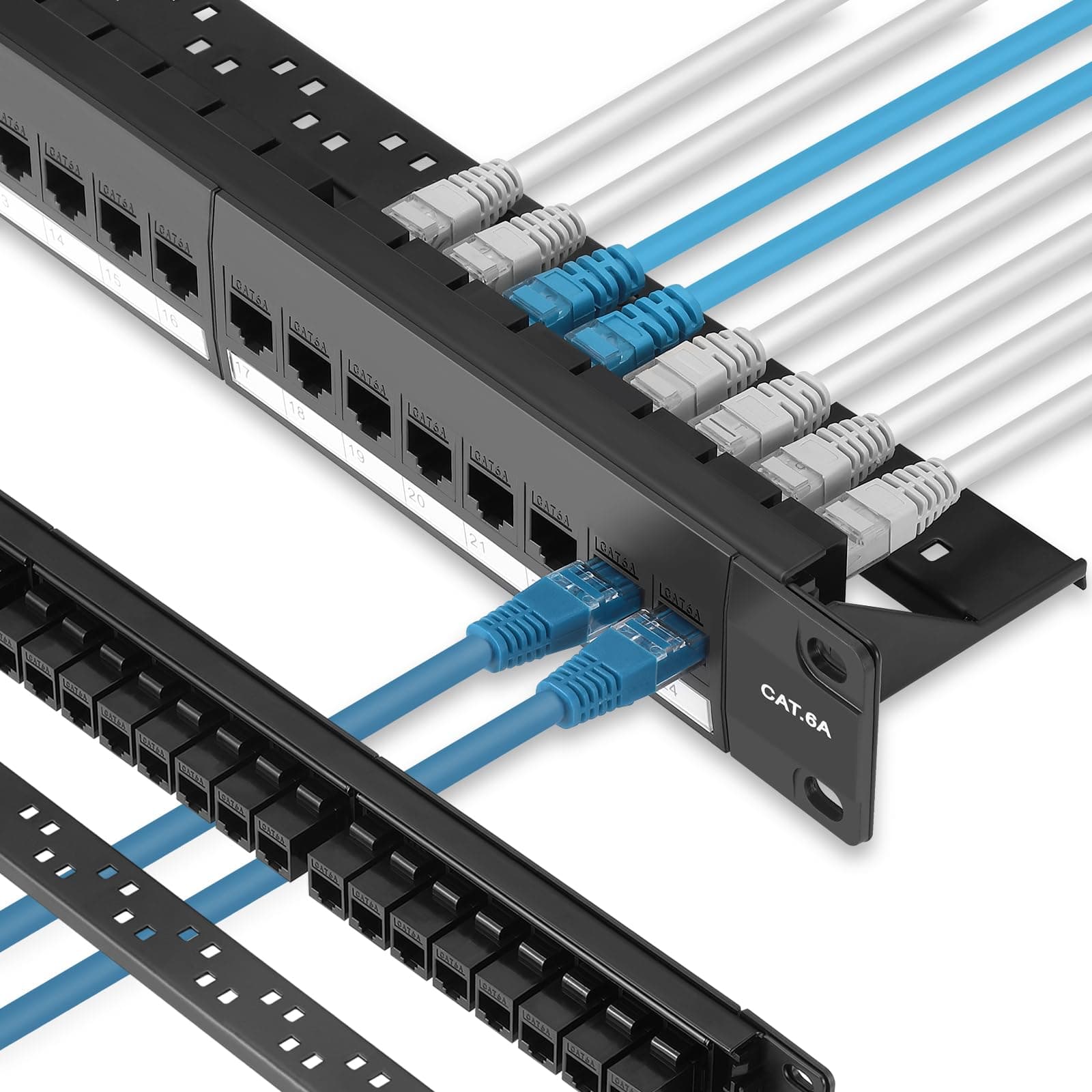 Patch Panel 24 Port Cat6A with Inline Keystone 10G Support, Pass-Thru Coupler UTP 19-Inch with Removable Back Bar, 1U Network Patch Panel for Cat6a,Cat6, Cat5e, Cat5 Cabling