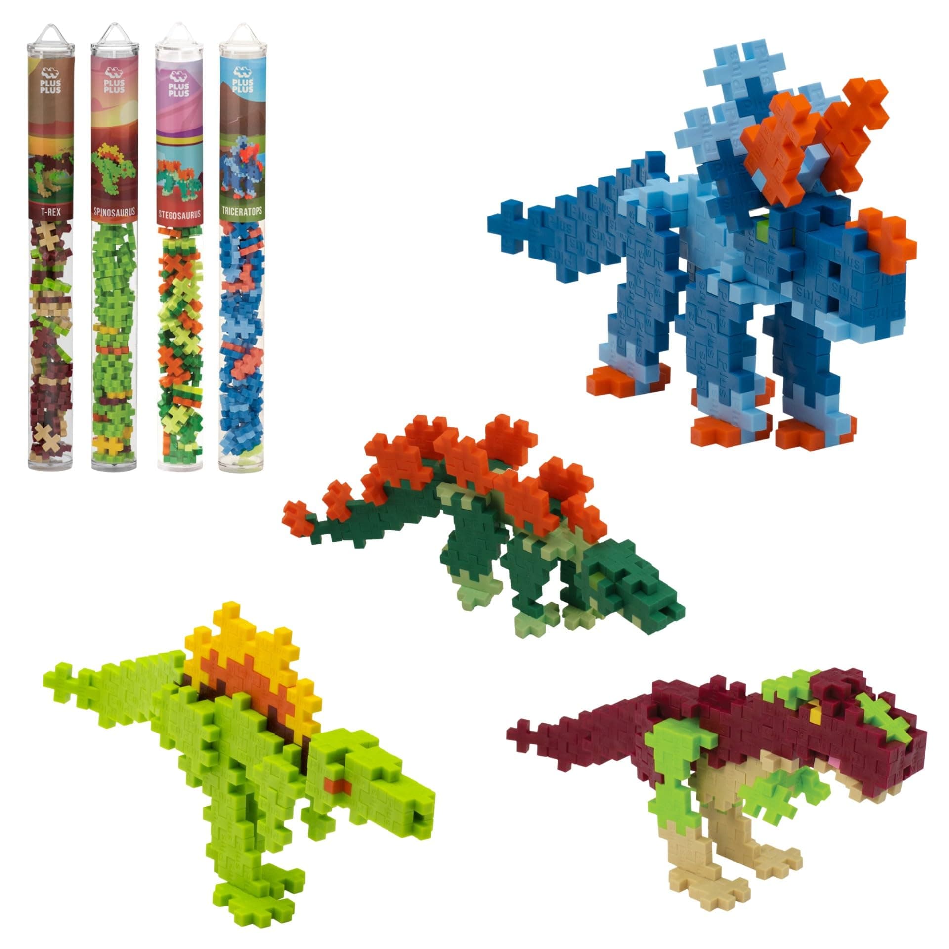 PLUS PLUS Building Block Playset Kit, Themed Figures 3D Puzzle, Fun Stem Toys for Kids, 350 Mini Interlocking Pieces - 4 Tube Bundle, Dinosaur