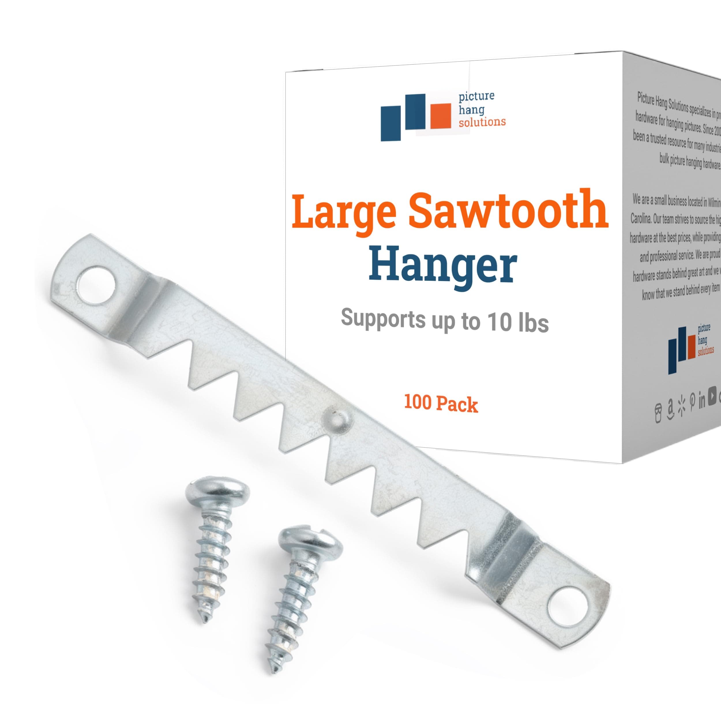 PHS Large Sawtooth Picture Hangers for Frames - 100 Pack Frame Hanging Hardware with Screws - Supports up to 10 lbs - Canvas Hangers for Walls - Picture Frame Hanger for Hanging Artwork