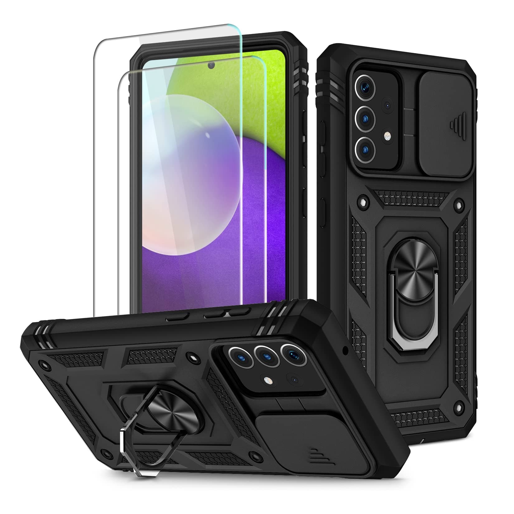 Rebex for Samsung Glaxy A52 5G Case,Built-in Camera Slide Cover with Screen Protector,Full Body Protection with Ring Kickstand Tough Shockproof Protective for Galaxy A52 5g (Black)