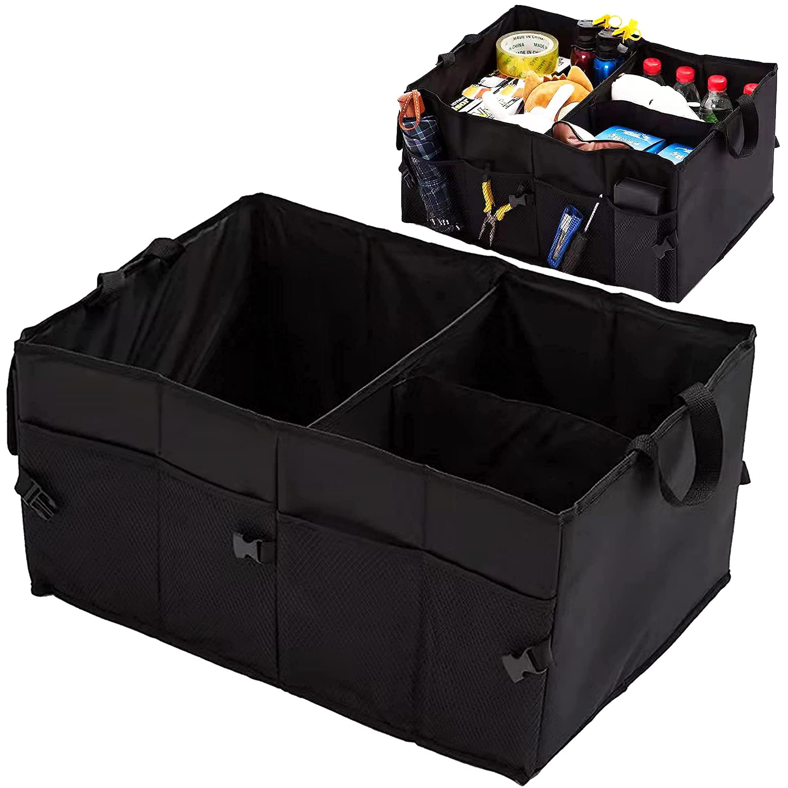 Car Boot Organiser Tidy Trunk Organizer, Foldable Non Slip Bottom, Securing Straps Vehicle Storage Box (Black)