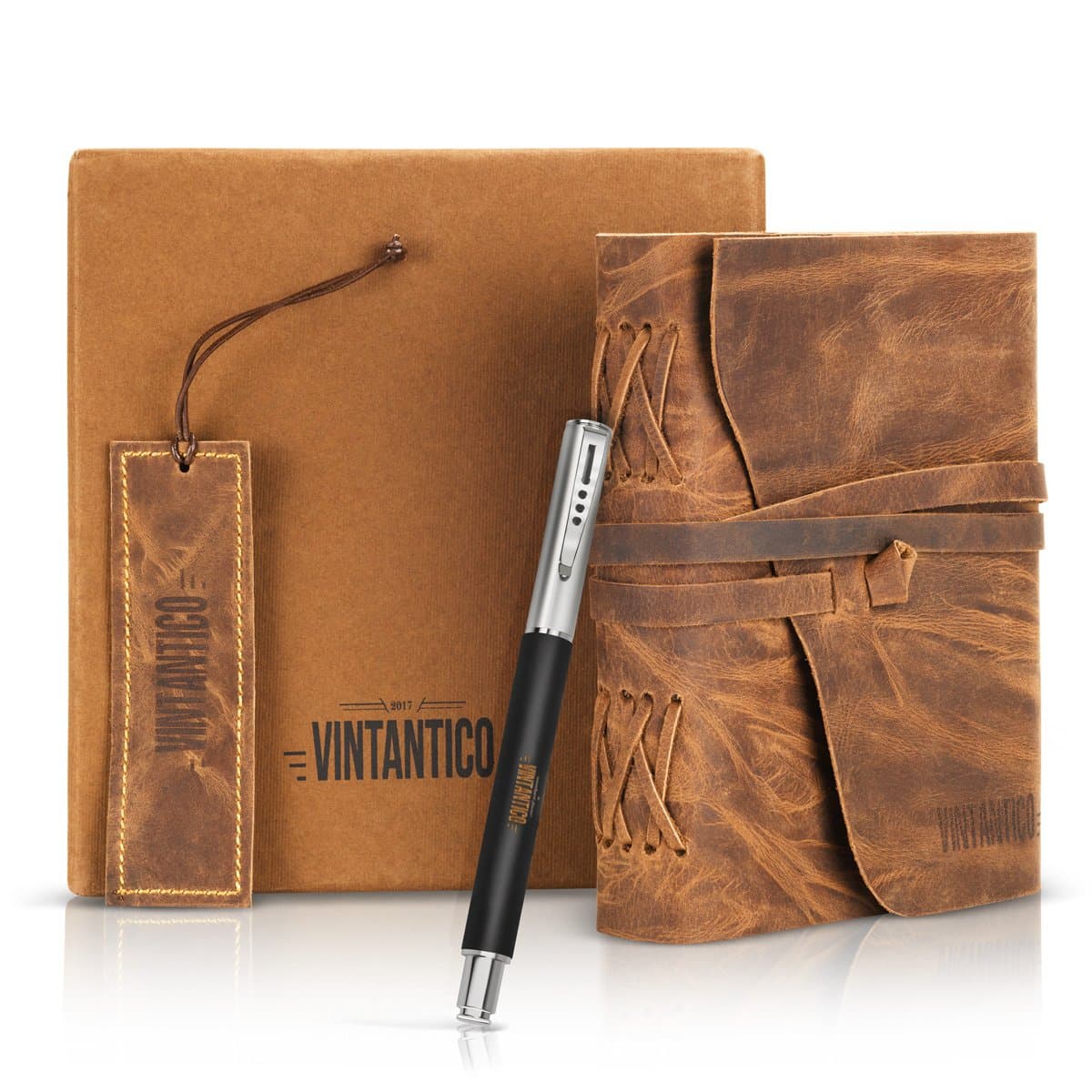 Genuine Handmade Leather Journal Gift Set – Buffalo Leather Bound Notebook with Unlined Pages – Rustic Travel Sketchbook with Pen and Bookmark for Men and Women – Vintage Bound Diary by Vintantico