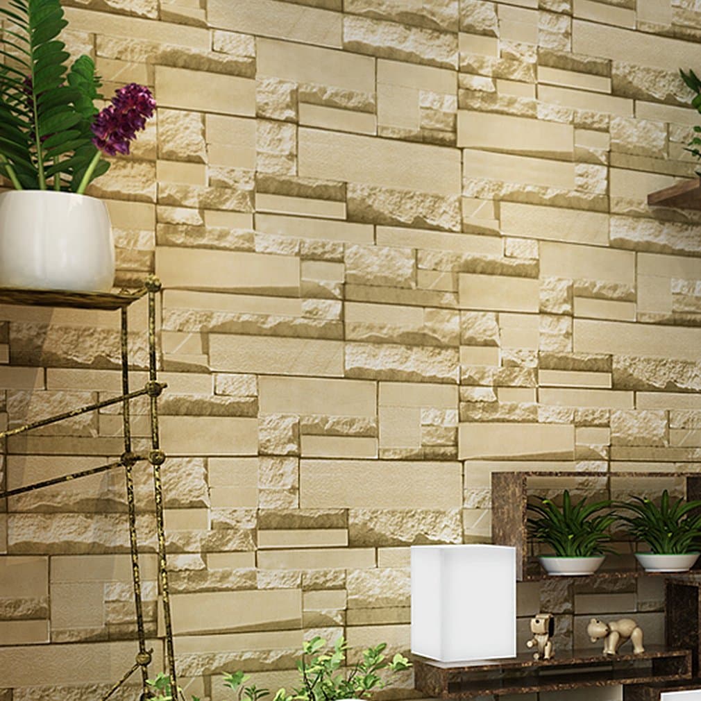 Modern Faux Brick Stone Textured Wallpaper,Roll Multi Brick Blocks Wall Pattern Home Room Decoration for Livingroom Bedroom 21 x 393.7 inch, Retro Yellow.