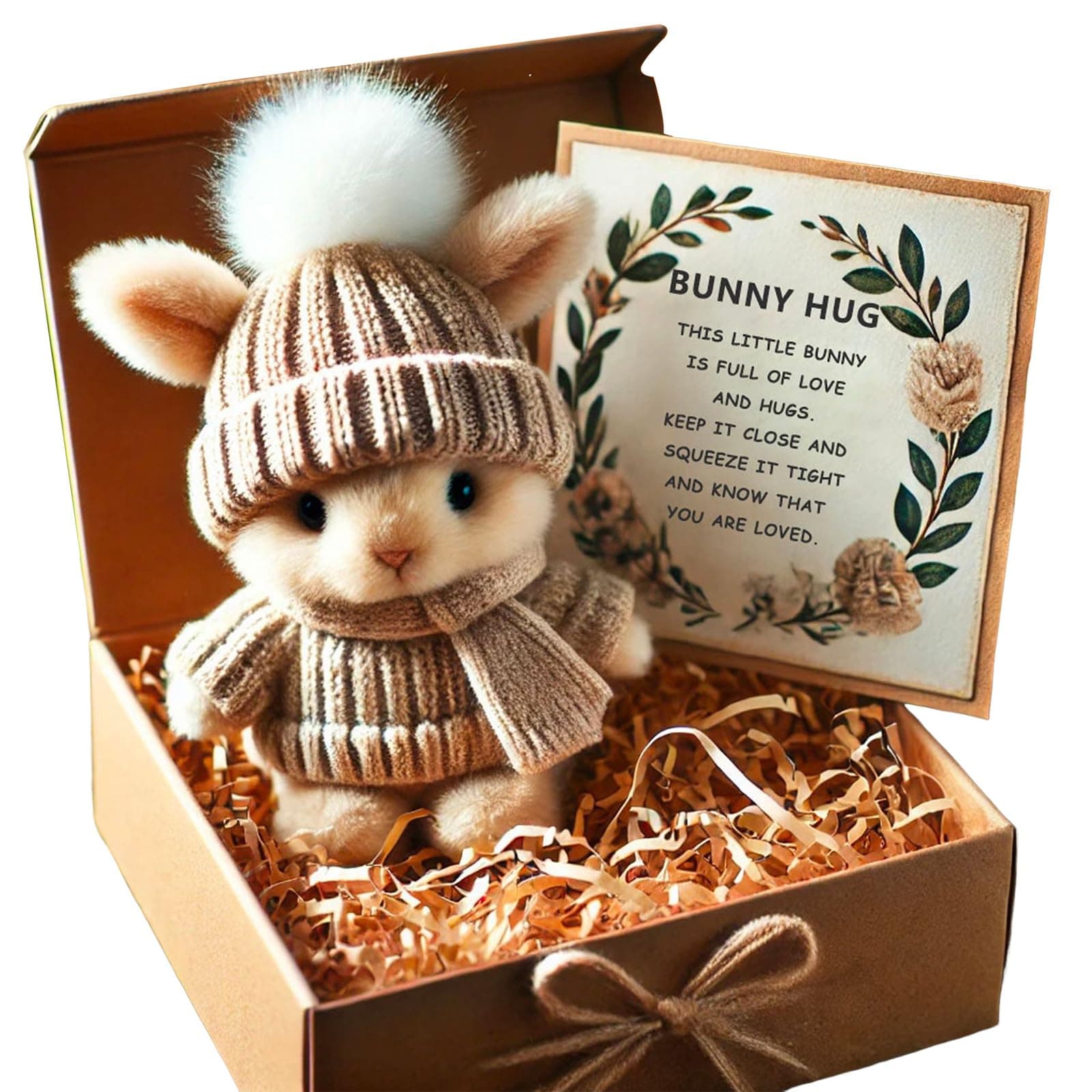 Easter Mini Cute Bunny Hug, Handmade Plush Pocket Hug Rabbit doll, Cute Emotional Support Positive crochet Bunny,Unique Gift For Kids Family Friend Loved Ones - Includes Box & Card (Khaki)