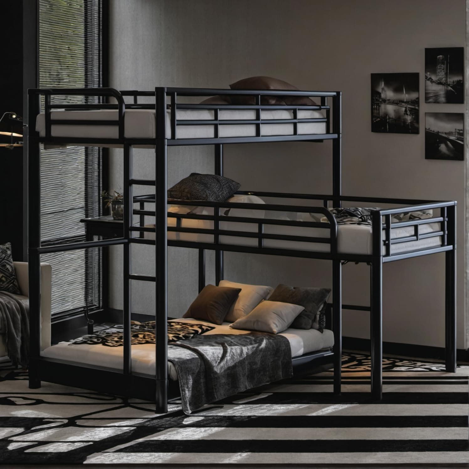 DNYN L Shaped Full Over Full Bunk Bed with Loftbeds Design for Kids Bedroom,3 in 1 Metal Bedframe w/Ladder & Safety Guardrails,Easy Assembly & Super Save Space & No Box Spring Needed, Black