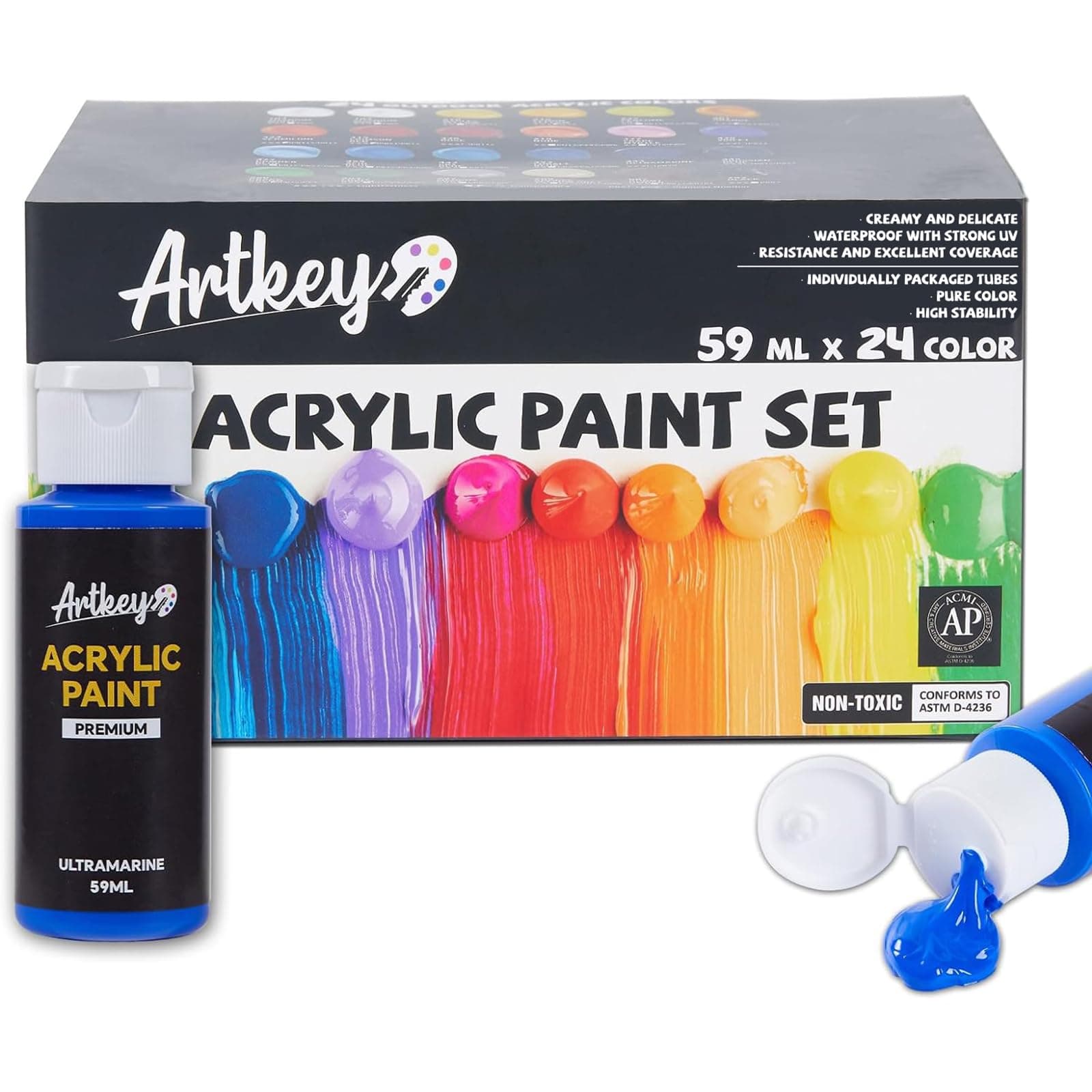 Artkey Acrylic Paint Set, 24 Colors 2 oz/59 ml Acrylic Paint Kit for Professional Artists & Beginners – Craft & Art Supplies for Canvas, Wood, Fabric, Rock, Leather, Ceramic, Glass, Easter Egg