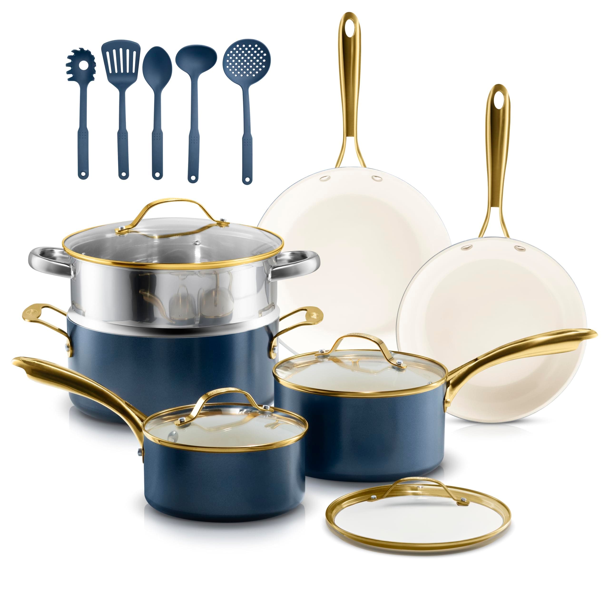 15 Pc Ceramic Pots and Pans Set Non Stick, Kitchen Cookware Sets, Pot and Pan Set, Ceramic Cookware Set, Non Toxic Cookware Set, Non Stick Pots and Pan Set, Dishwasher Safe - Navy