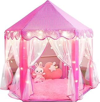 Princess Tent for Girls Fairy Castle Play Tents for Kids Toddler, Hexagon Kids Playhouse with Gift Box, Princess Toys & Gift for Girls for Indoor(Pink Tent with Mat)