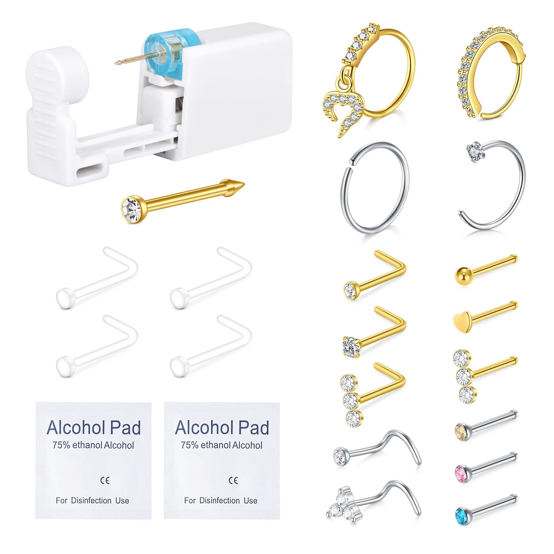 QWALIT Nose Piercing Kit - Self Piercing Gun Kit with Disposable Nose Rings in D Silver