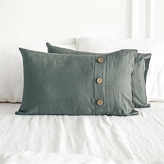 Simple&Opulence 100% Linen Lumbar Pillow Cover 12 x 20 Inch Set of 2 Rectangular Decorative Pillow Cover with Vintage Triple Coconut Button for Sofa Bed Living Room Office Décor - Cushing Green