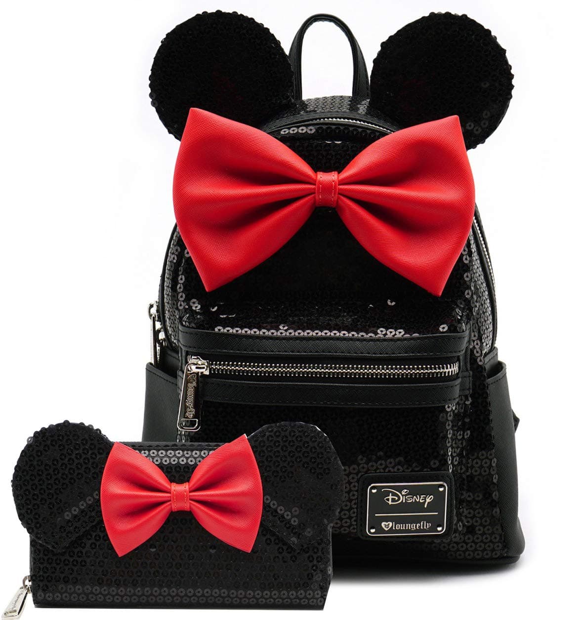 Loungefly Disney Minnie Mouse Sequin Mini Backpack Wallet Set (Black)