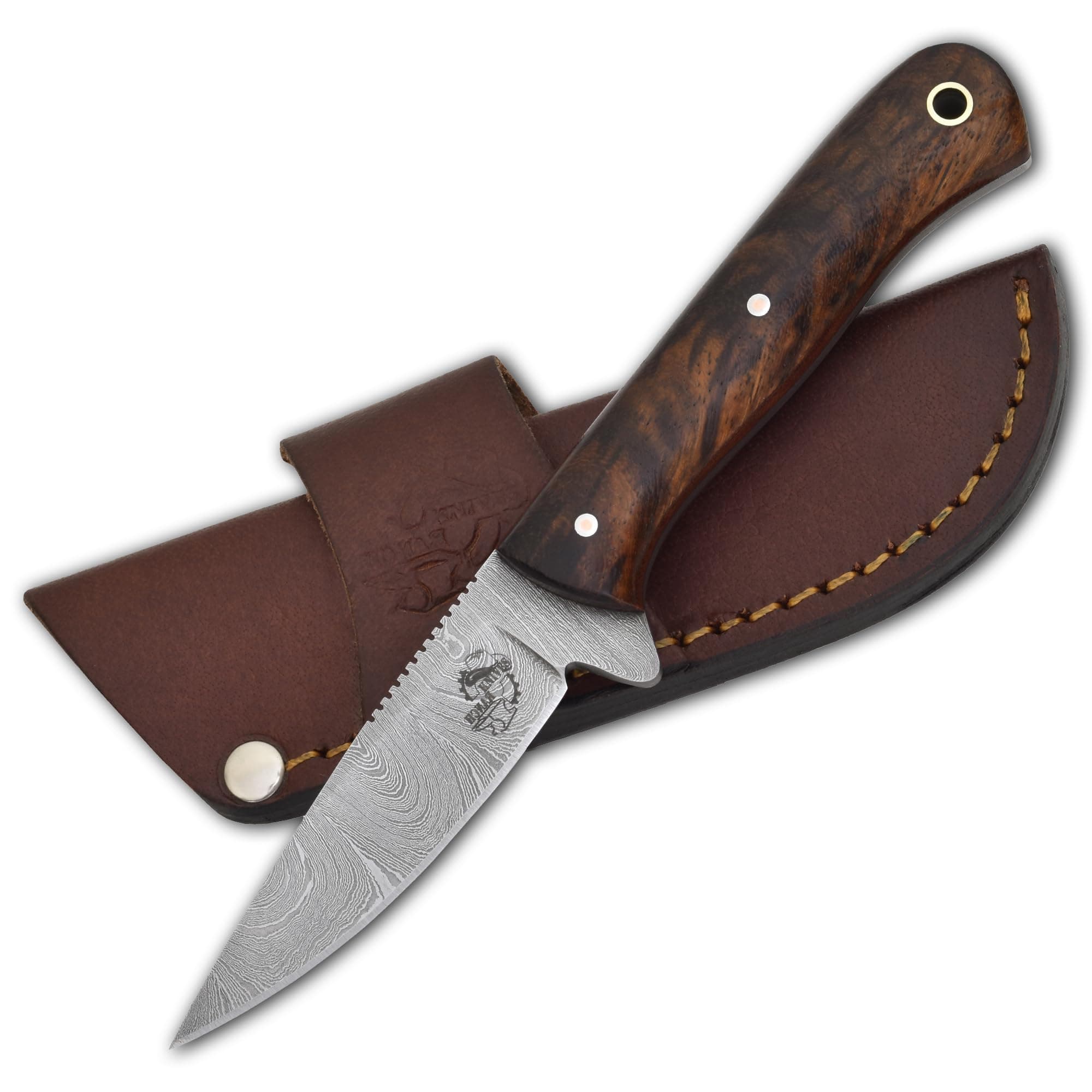 Knives Ranch 7" Handmade Damascus Hunting Knife - Full Tang Fixed Blade - 5160/4340 Signature Damascus (57/58 Hardness) - Rosewood Handle - Horizontal Scout Carry Leather Sheath (Snug Fit) - Razor Sharp Outdoor & EDC Knife