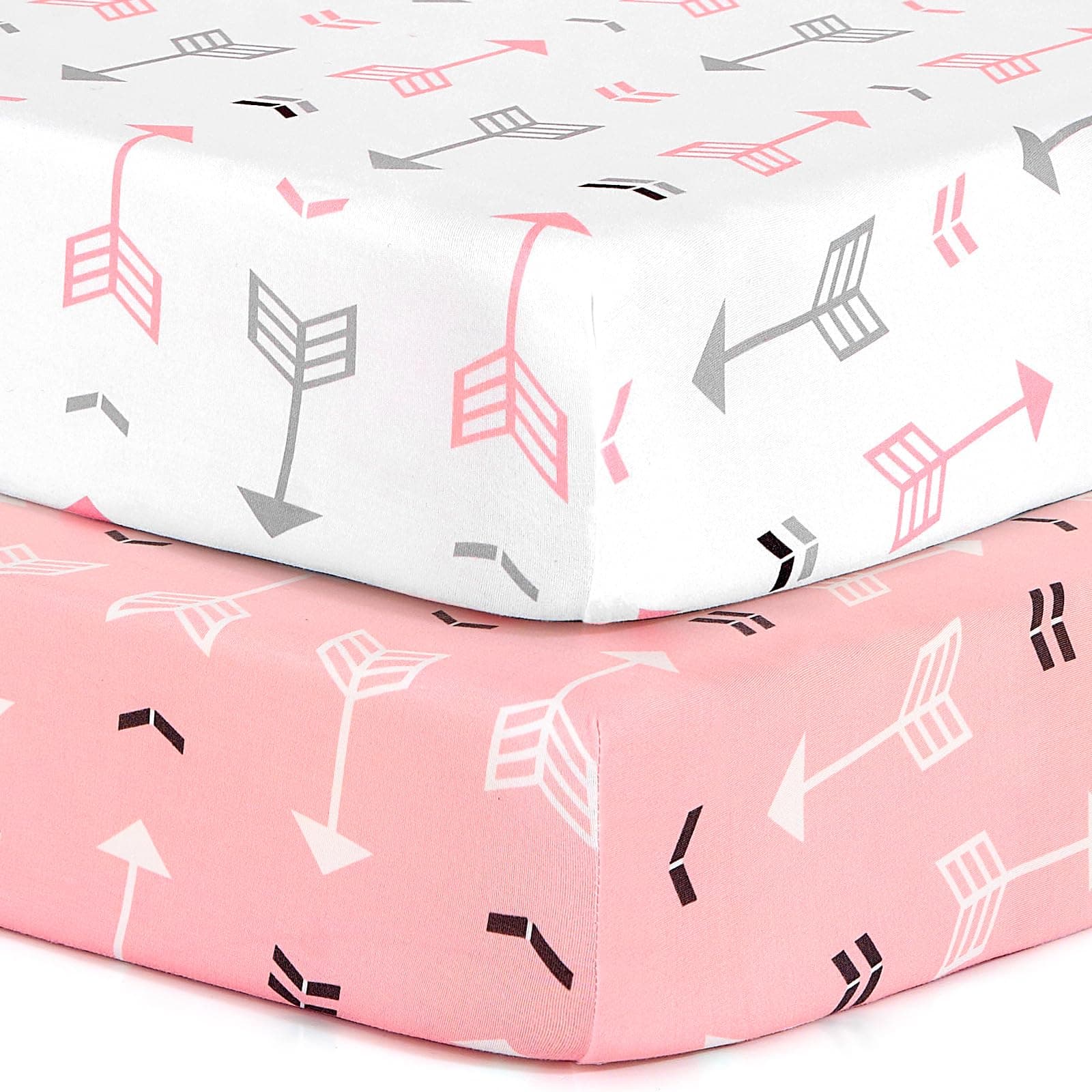 Stretchy Fitted Pack n Play Playard Sheet Set BROLEX 2 Pack Portable Mini Crib Sheets,Convertible Playard Mattress Cover,Ultra Soft Material,Pink White Arrow