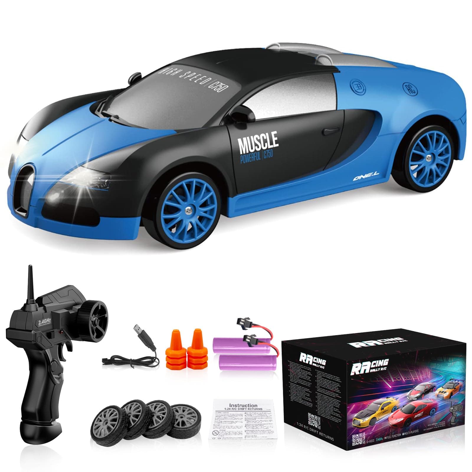 Remote Control Car RC Drift Car 2.4GHz 1:24 Scale 4WD 15KM/H High Speed Model Vehicle with LED Light Drift Tire Racing Sports Toy Car for Adults Boys Girls Kids Gift 2 Rechargeable Batteries