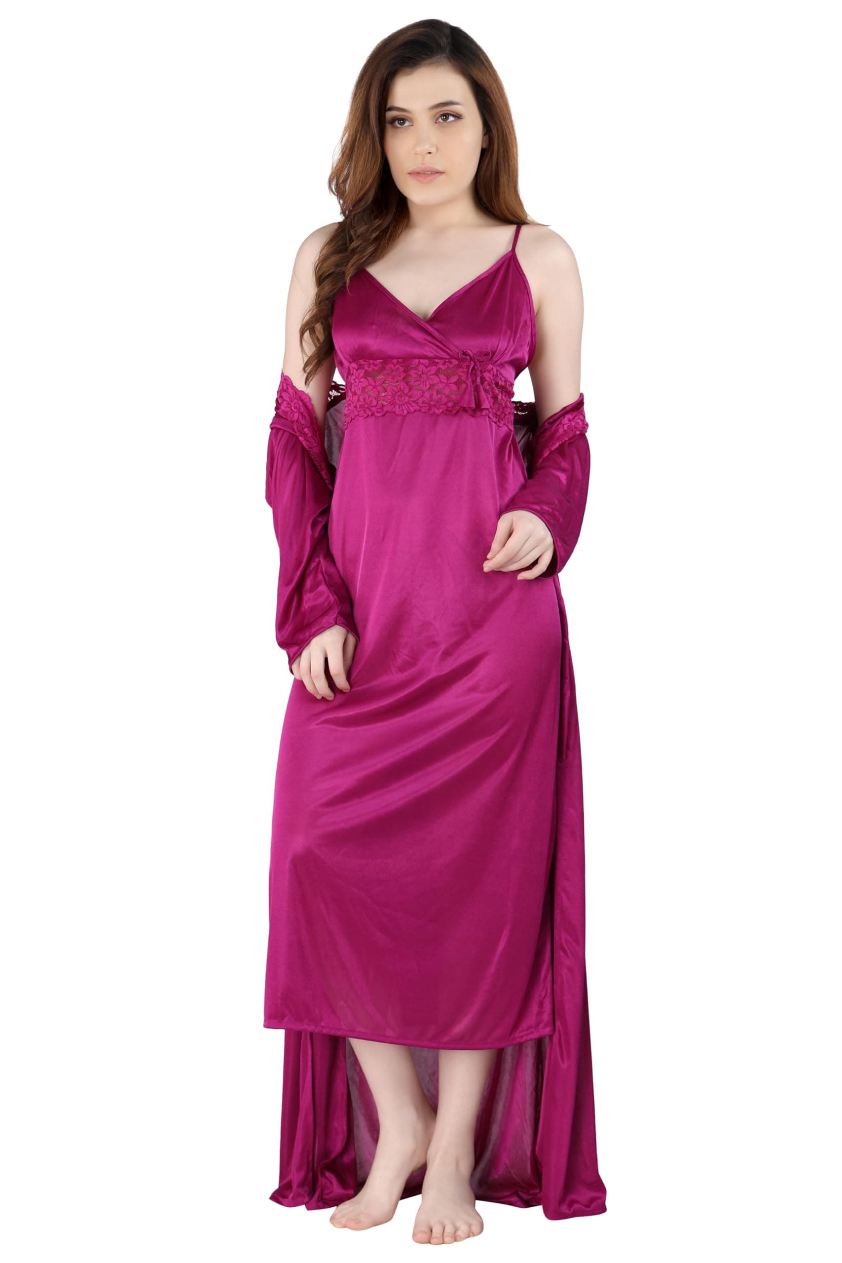 Women's Satin Solid Maxi Length Nighty with Robe (Size - Free Size) (Nightwear Set Pack of 2)
