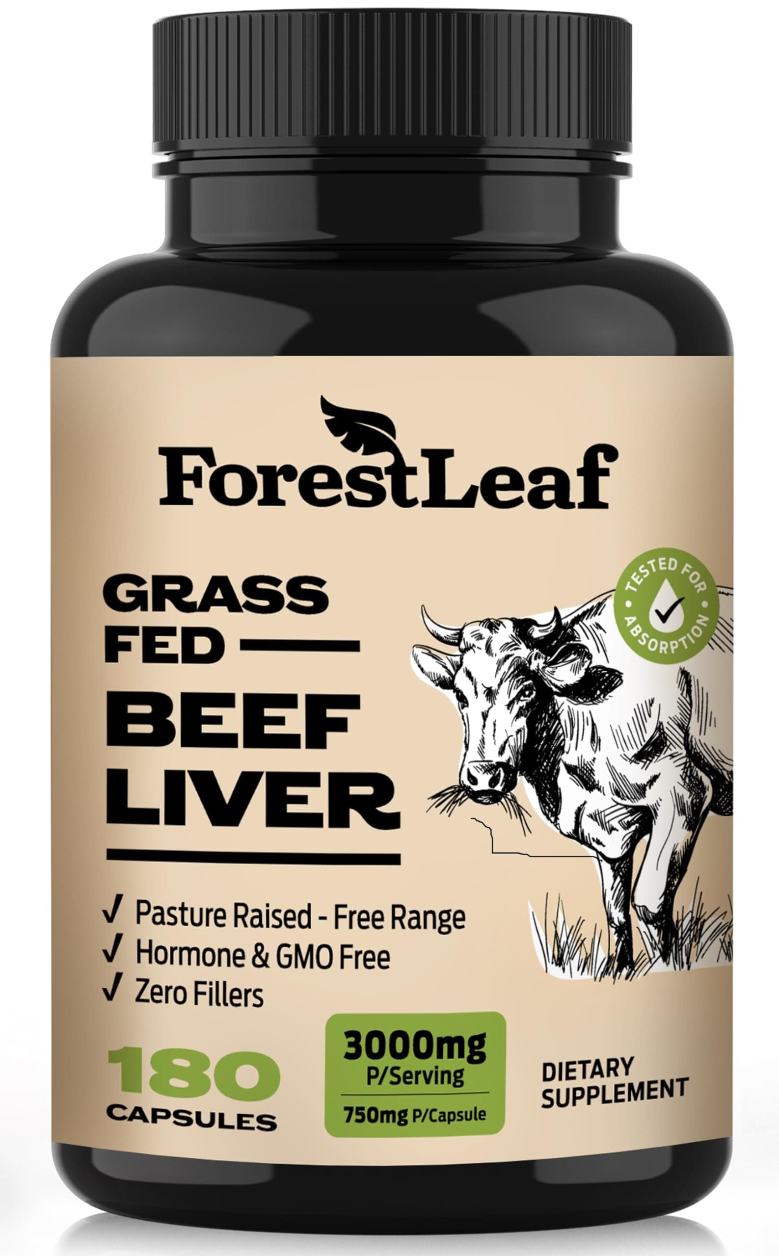 ForestLeaf Grass Fed Beef Liver Capsules, 3000mg Per Serving, Supports Immunity & Body Wellness, Cleansing, Digestion, Natural Iron, Vitamin A and B12, Freeze Dried Beef Liver Supplement, 180 Caps