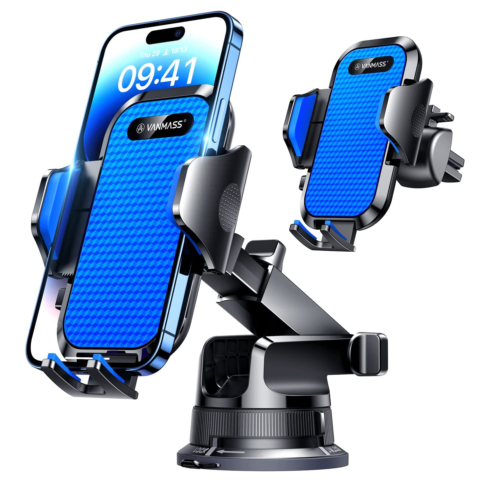 VANMASS [Pro Version] Universal Car Phone Mount [Super Suction Cup] Dashboard Phone Holder, Handsfree Windshield Dash Vent Phone Holder Car, Compatible for iPhone 17 16 15 14 Samsung LG & Truck,Blue
