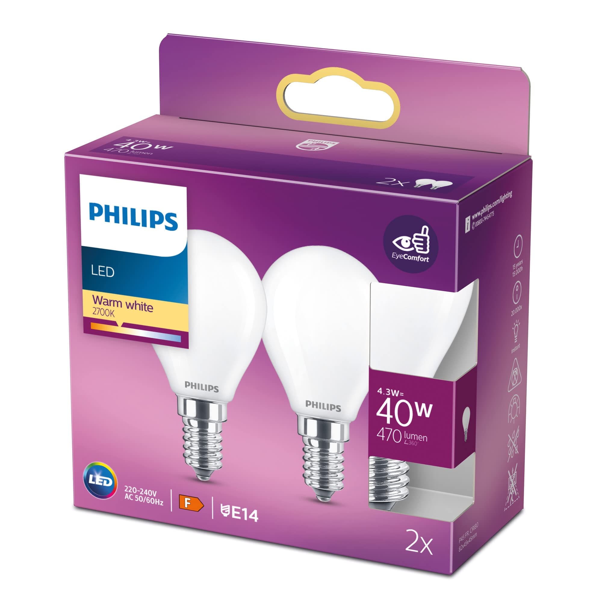Philips LED Premium Classic P45 Lustre Light Bulb 2 Pack [E14 Small Edison Screw] 4.3w - 40W Equivalent, Warm White (2700K), Non Dimmable, A++