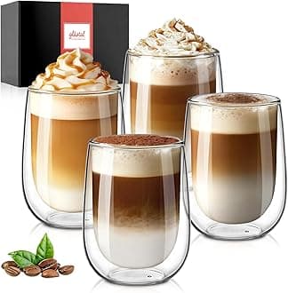 glastal 4x350ml Double Walled Coffee Glasses Mugs Cappuccino Latte Macchiato Glasses Cups for Coffee Tea Milk Juice Ice Cream Borosilicate Heat Resistant Glass Cups