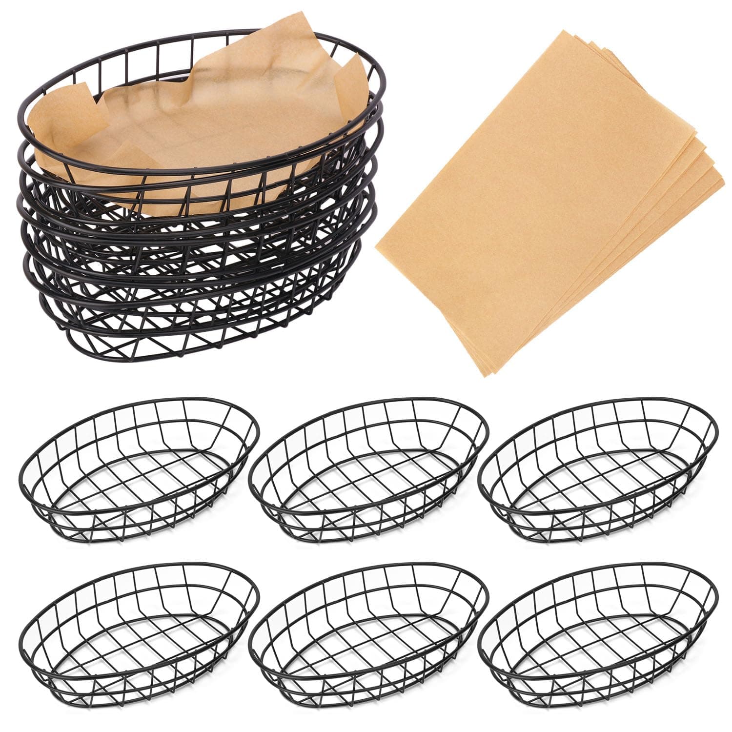 12 Pack Wire Bread Basket with 50 Sheets Deli Wrappers Paper, 9.65 x 6.1 x 2.17 Inch Metal Oval Bread Basket for Food & Fruit Serving – Durable Black Wire Baskets for Home & Kitchen