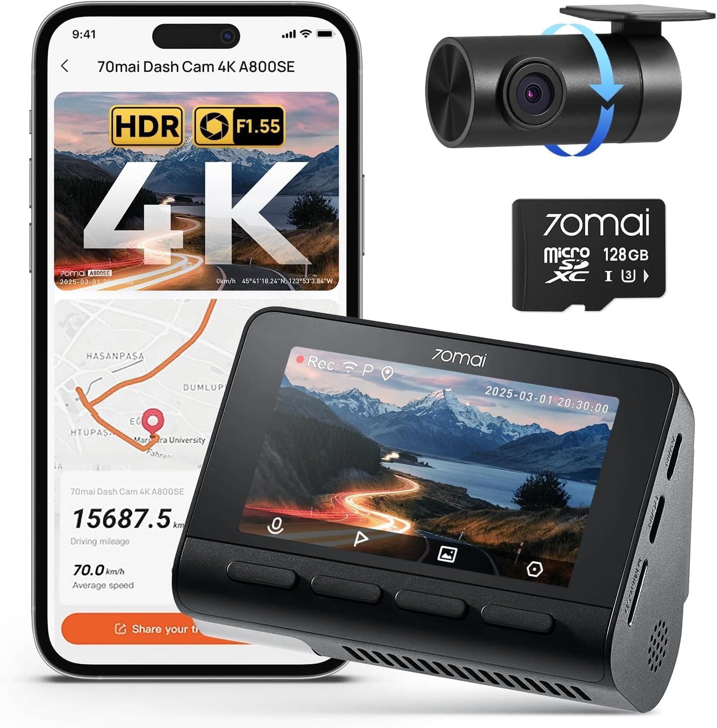 4K Dash Cam Front and Rear, Built in Wi-Fi 6 & GPS Car Camera, Super Night Vision, ADAS, 3'' IPS Screen, 24H Parking Mode, Time-Lapse, Loop Recording, with 128GB Card (A800SE)