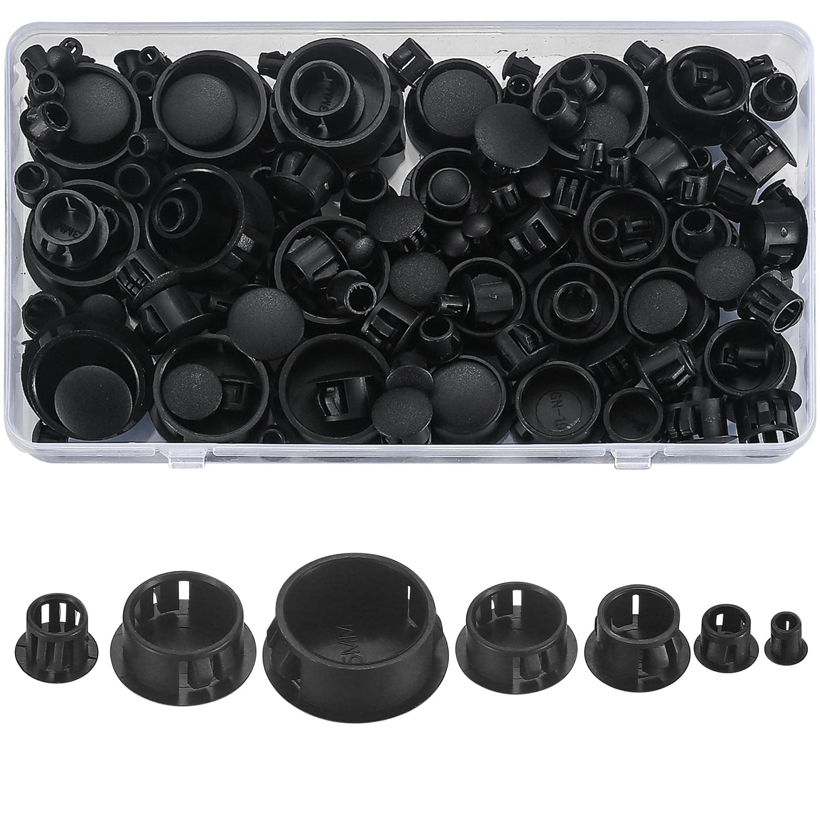 RUGLAMZHIP Plastic Hole Plugs, 180pcs Black Panel Knockout Locking Plugs, Round Drill Screw Hole Plugs Covers for Kitchen Cabinet Furniture Insert End Caps, 1" 3/4" 1/2" 3/8" 5/16" 1/4" 1/5"