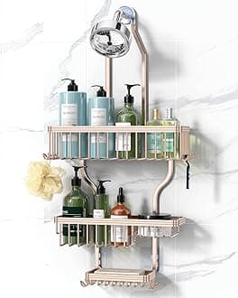 YASONIC Shower Caddy Hanging - Never Rust Shower Organizer - Aluminum over The shower head caddy with 10 Hooks for Razor/Sponge - Shower Rack with Soap Basket - Rose Gold