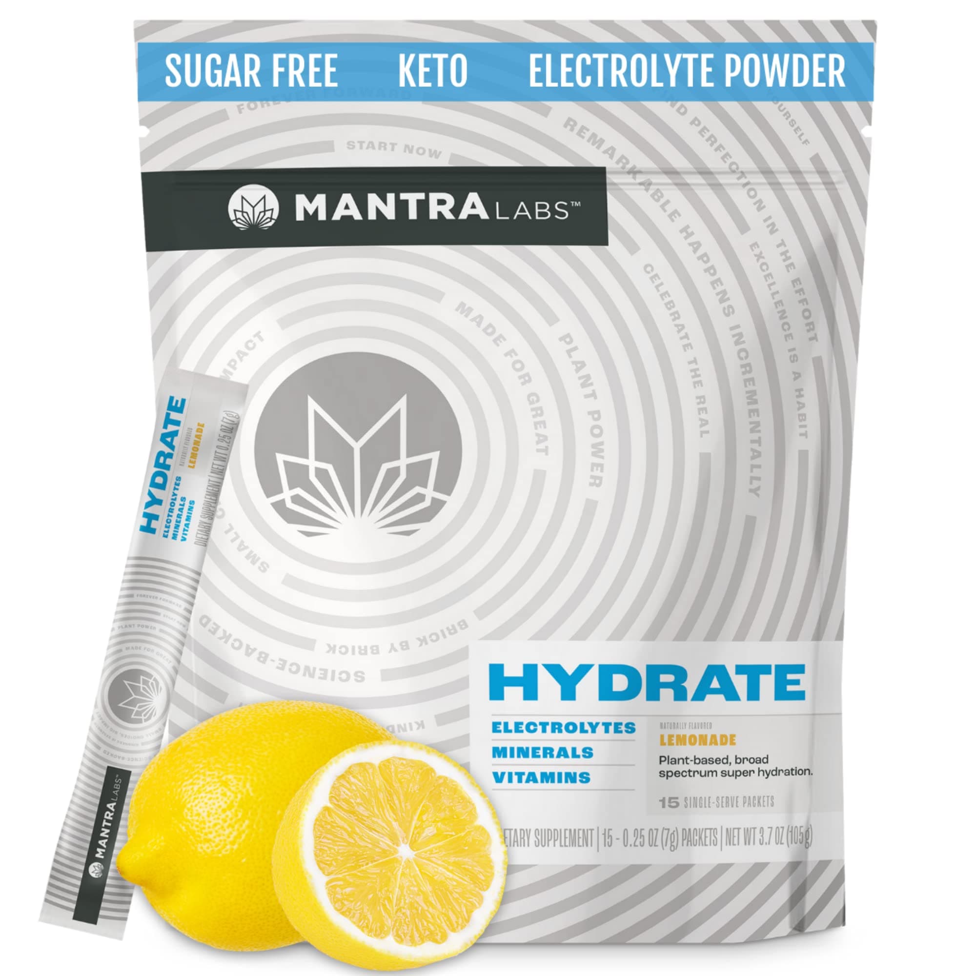 MANTRA Labs Hydrate Hydration Powder Packets | Zero Sugar & Keto Friendly Electrolytes Drink Mix Supplement | Vitamins & Minerals for Workout Support | Vegan Gluten Free | Lemonade 15 Pack