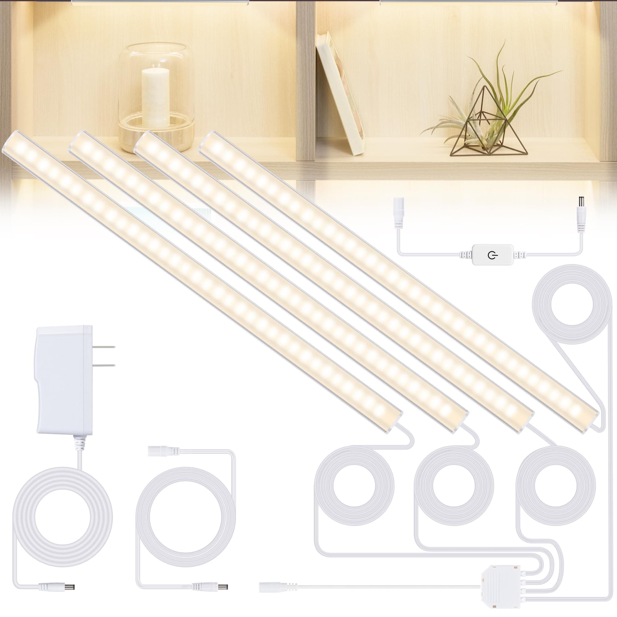 JUSJUBR 4 Pack Display Cabinet Lights, Dimmable Shelf Light with Memory Function, 12 Inch 4000K Bookshelf Lighting, Display Lights for Shelf, LED Lights for