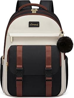 LOVEVOOK School Backpack for Teen Girls, Cute Student Backpack Purse Kid Bookbag for 14-16 Teenage, Back to School Backpacks Fit 15.6 Inch Laptop, Large College Travel Bag, Black-Beige-Brown