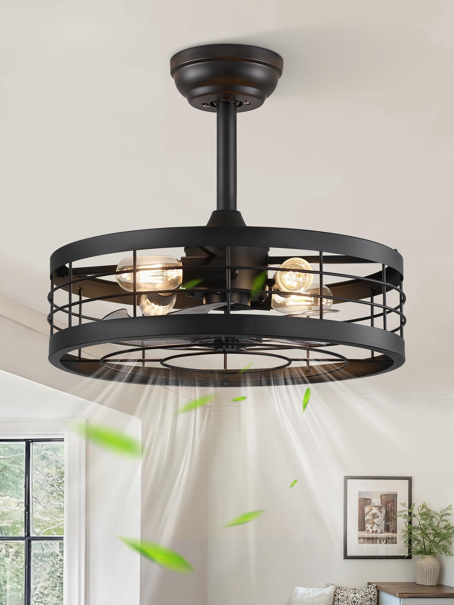 LEDIARY 18 inch Black Caged Ceiling Fan with Light, Bladeless Industrial Ceiling Fan with Remote, Farmhouse Fan Lights Ceiling Fixtures for Kitchen, Bedroom, Outdoor(6 Speed, Timing)-Black