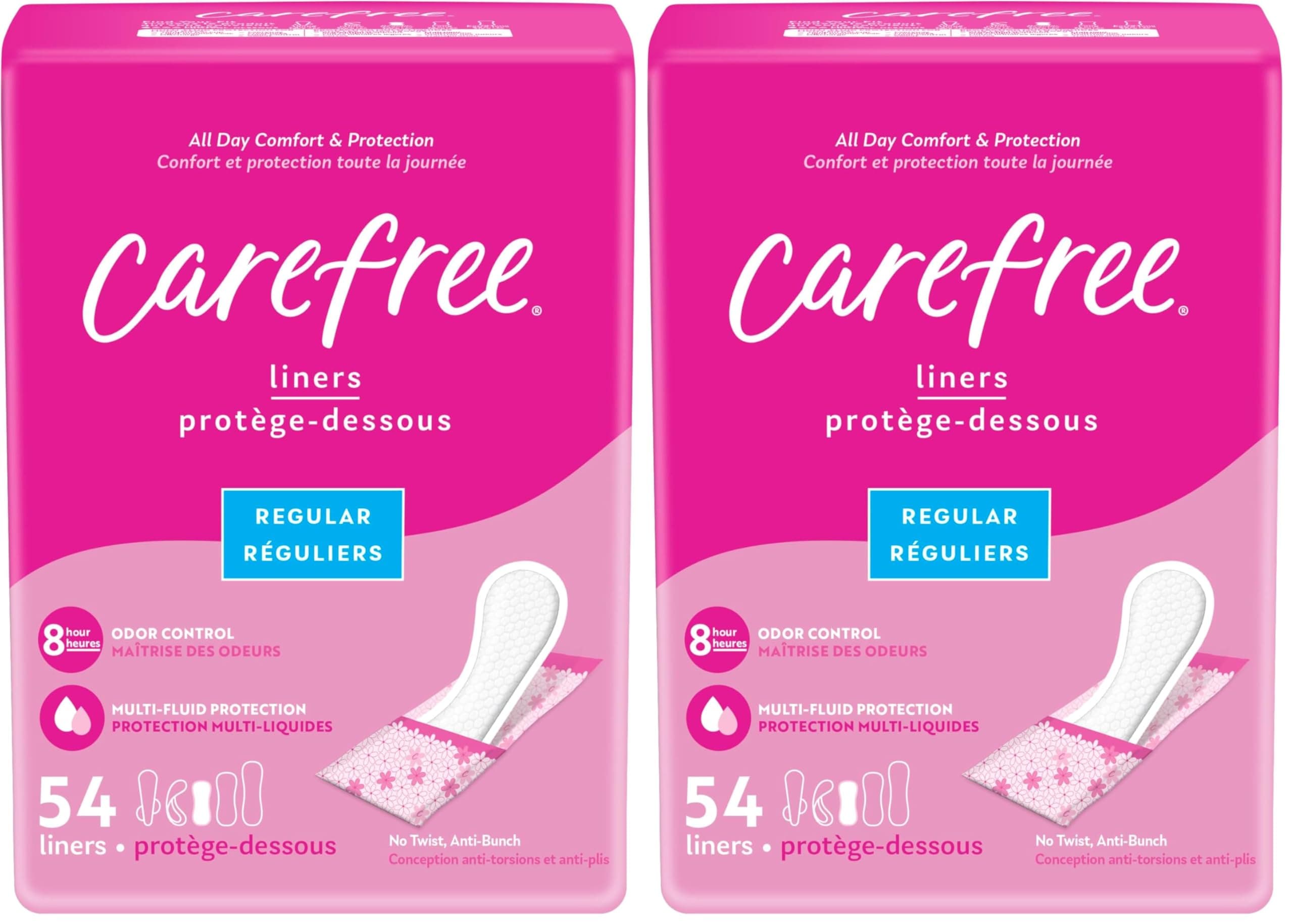 Carefree Body Shape Pant Liners, Regular, Multicolor Unscented 54 Count (Pack of 2)