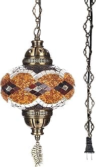 DEMMEX Plug-in Turkish Moroccan Mosaic Hanging Pendant Ceiling Light – Swag Lamp Fixture with 15ft Cord & Chain, Handcrafted Glass, Tiffany Style, Mediterranean Decor (Brown-Black)