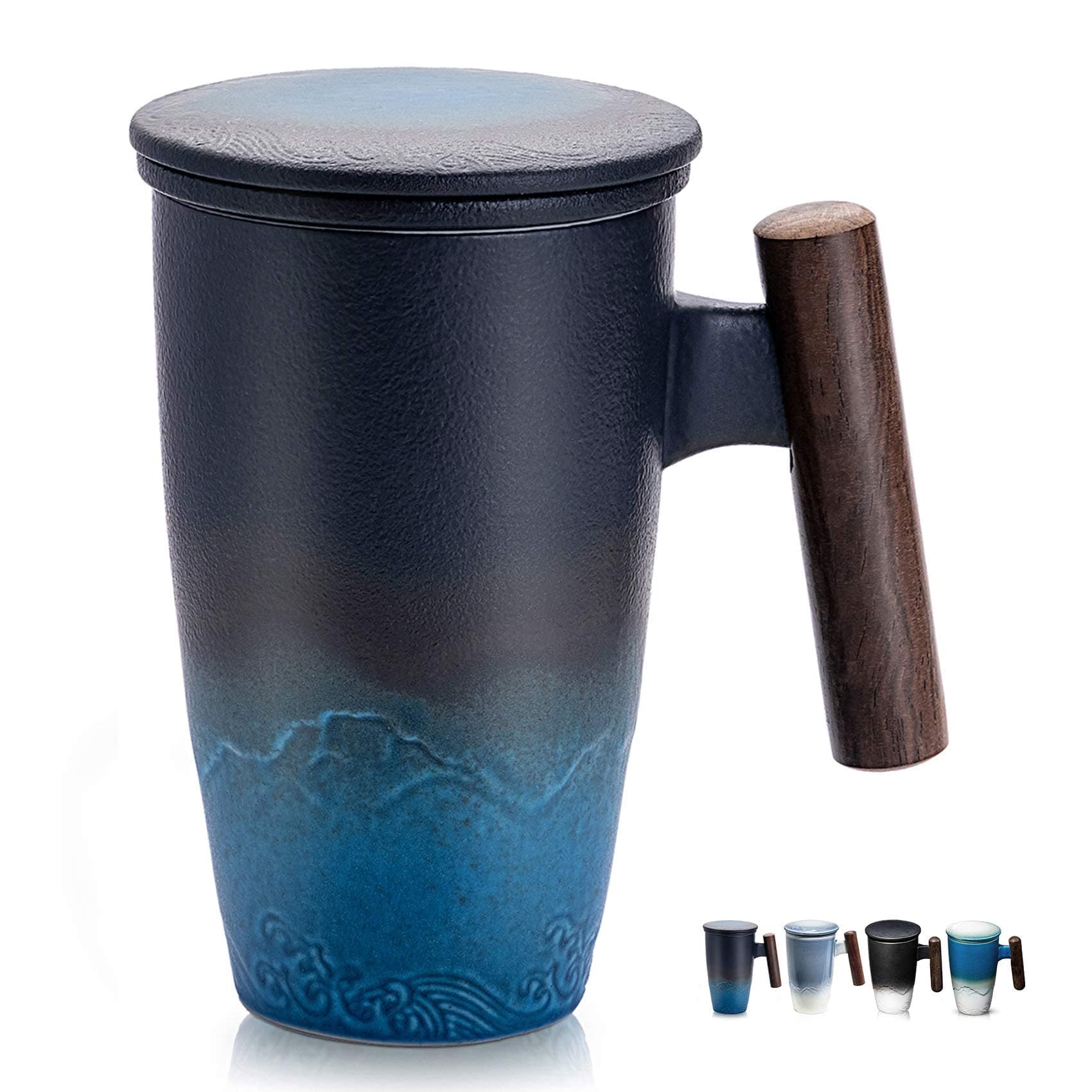 Tomotime Ceramic Tea Cup with Infuser and Lid Tea Mugs Wooden Handle 400ml/13.5oz Black cyan
