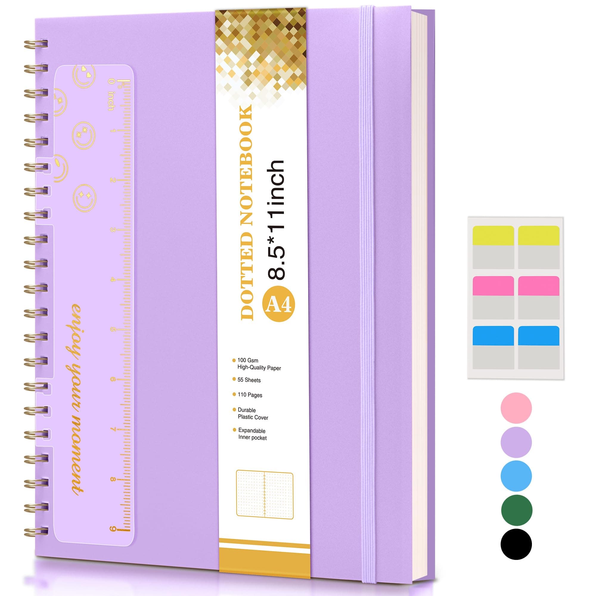 Dotted Notebook, Spiral Notebook Journal 8.5” x 11”, A4 Large Dot Grid Notebooks for Women Men, 100 GSM Dotted Paper, Plastic Hardcover Spiral Bullet Dotted Journals for Work School Sketching, Purple
