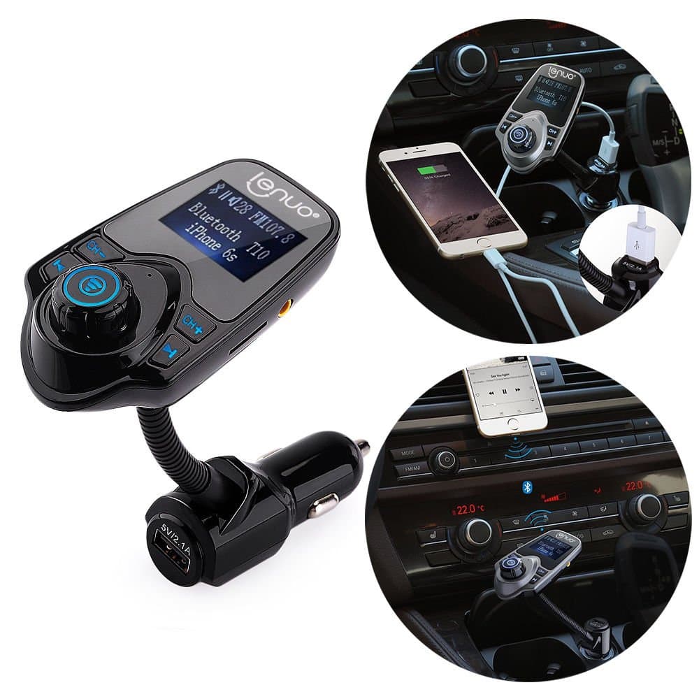 Lenuo FM Transmitter Car MP3 Player Bluetooth Handsfree Car Kit Wireless Radio Audio Adapter with USB Charger, 3.5mm Audio Port, TF Card Slot for iPhone, iPad, iPod, Samsung, HTC, MP3/MP4 with 3.5mm Audio Jack