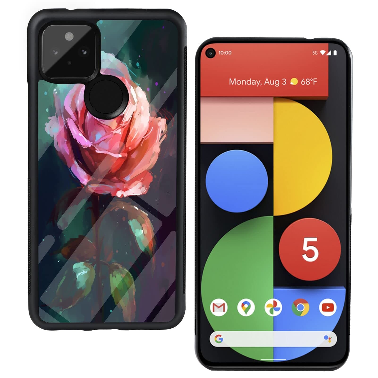 Phone Case Compatible with Google Pixel 5 Designer Roses Flower Art-22 Black Frame Shockproof and Slim Rubber TPU Material with Uniqe Design