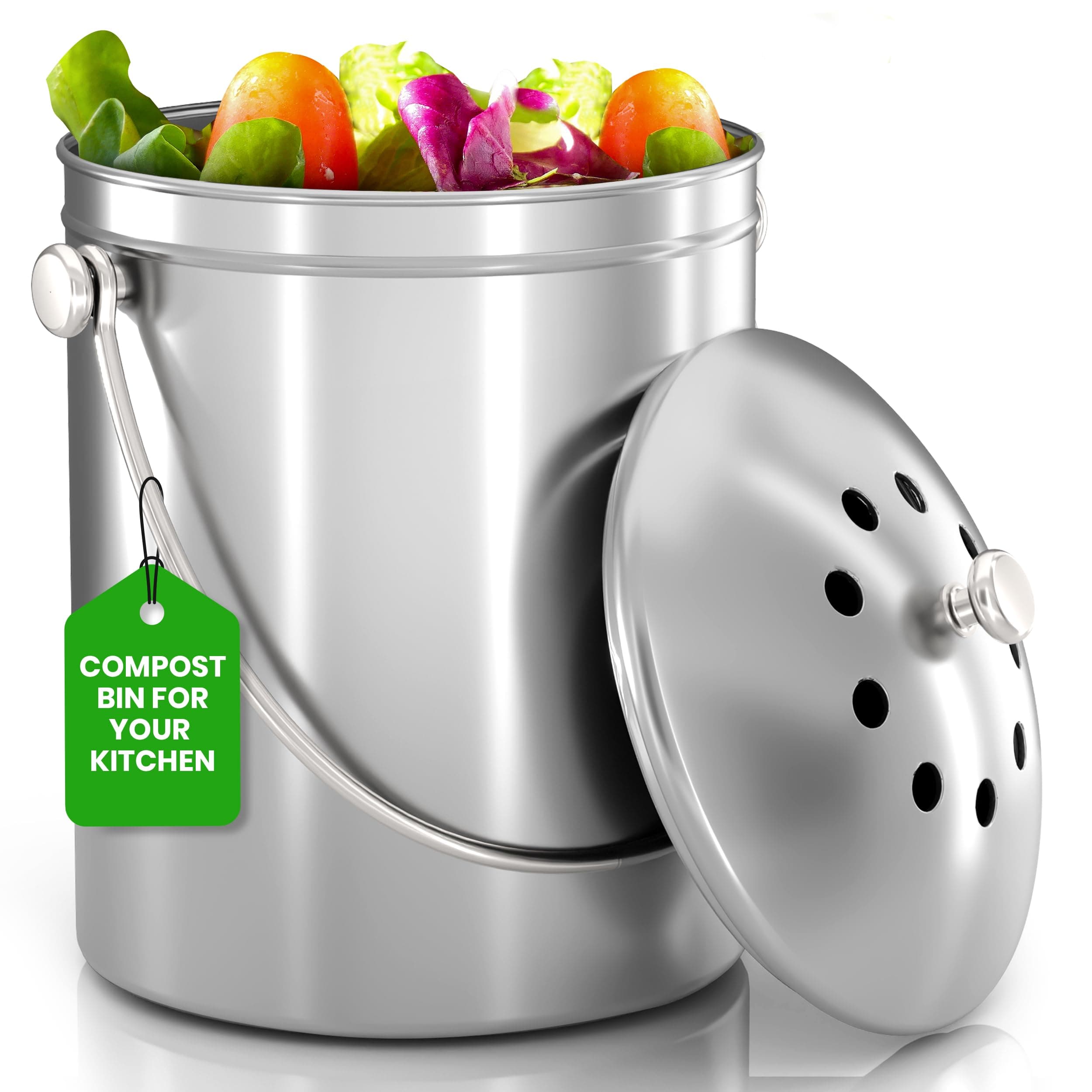 Utopia Kitchen Compost Bin for Kitchen Countertop, 1 Gallon Compost Bucket for Kitchen with Lid, Includes 1 Spare Charcoal Filter (Silver)