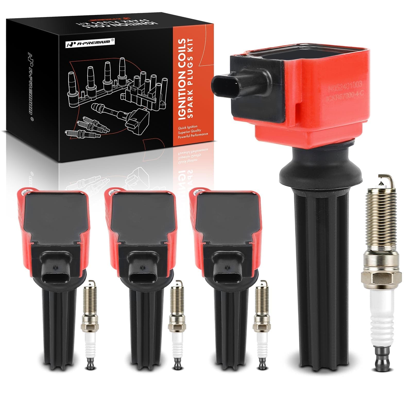 A-Premium Ignition Coil Pack and Iridium Spark Plugs Compatible with Ford Fusion 2.0L Turbo/Hybrid 2013-2018, Taurus 2.0L 2013-2017 & Lincoln MKC 2.0L/2.3L 2015-2019 - Red, Set of 4